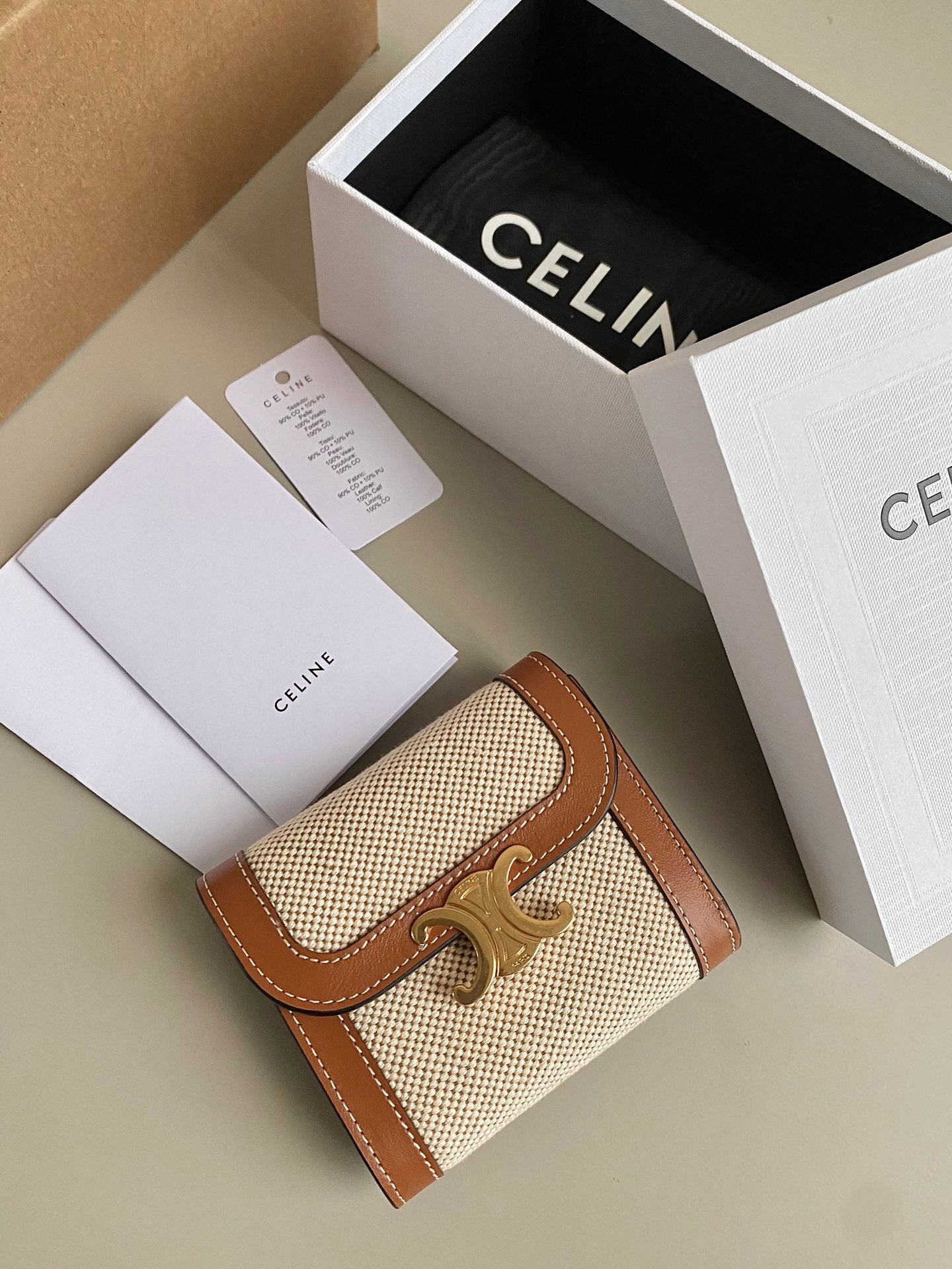 CELINE TRIPHOME 10 TRIFOLD WALLET CALFSKIN AND CANVAS WHITE BROWN