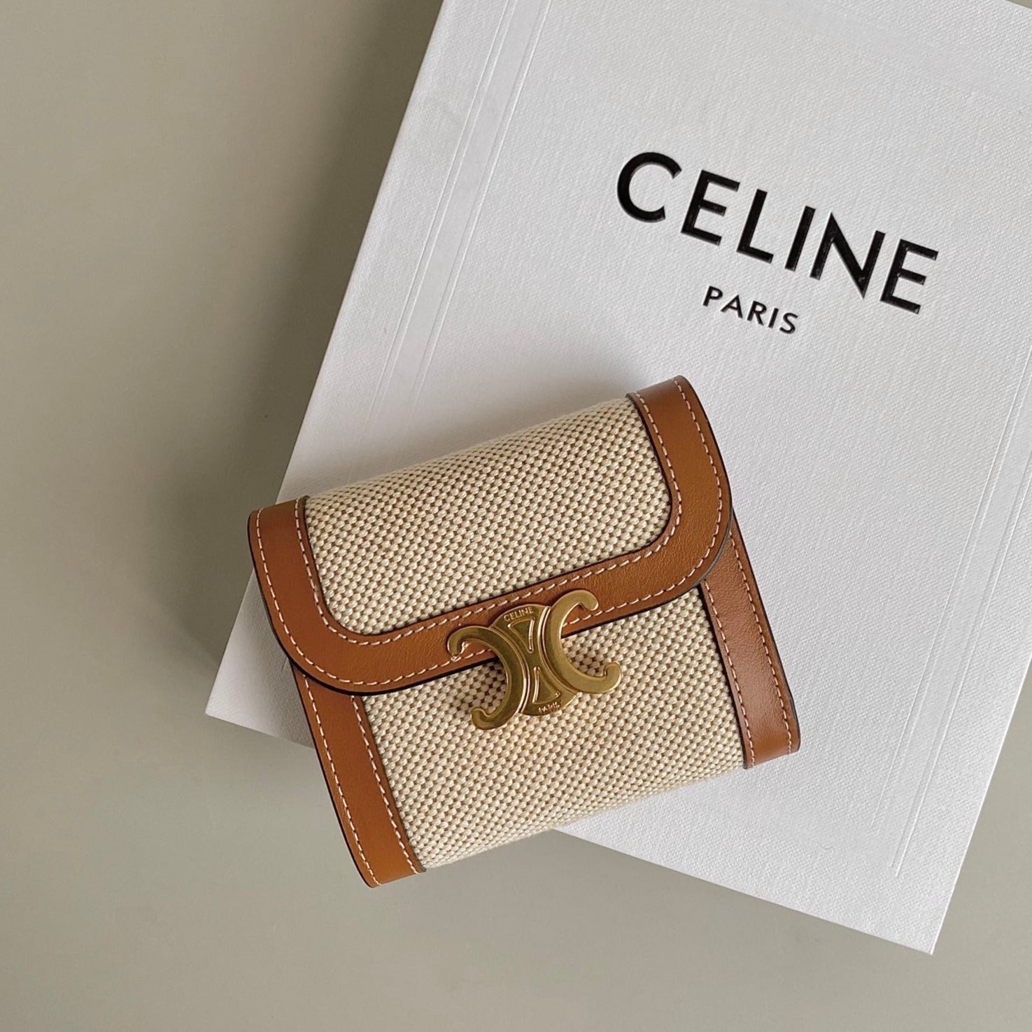 CELINE TRIPHOME 10 TRIFOLD WALLET CALFSKIN AND CANVAS WHITE BROWN