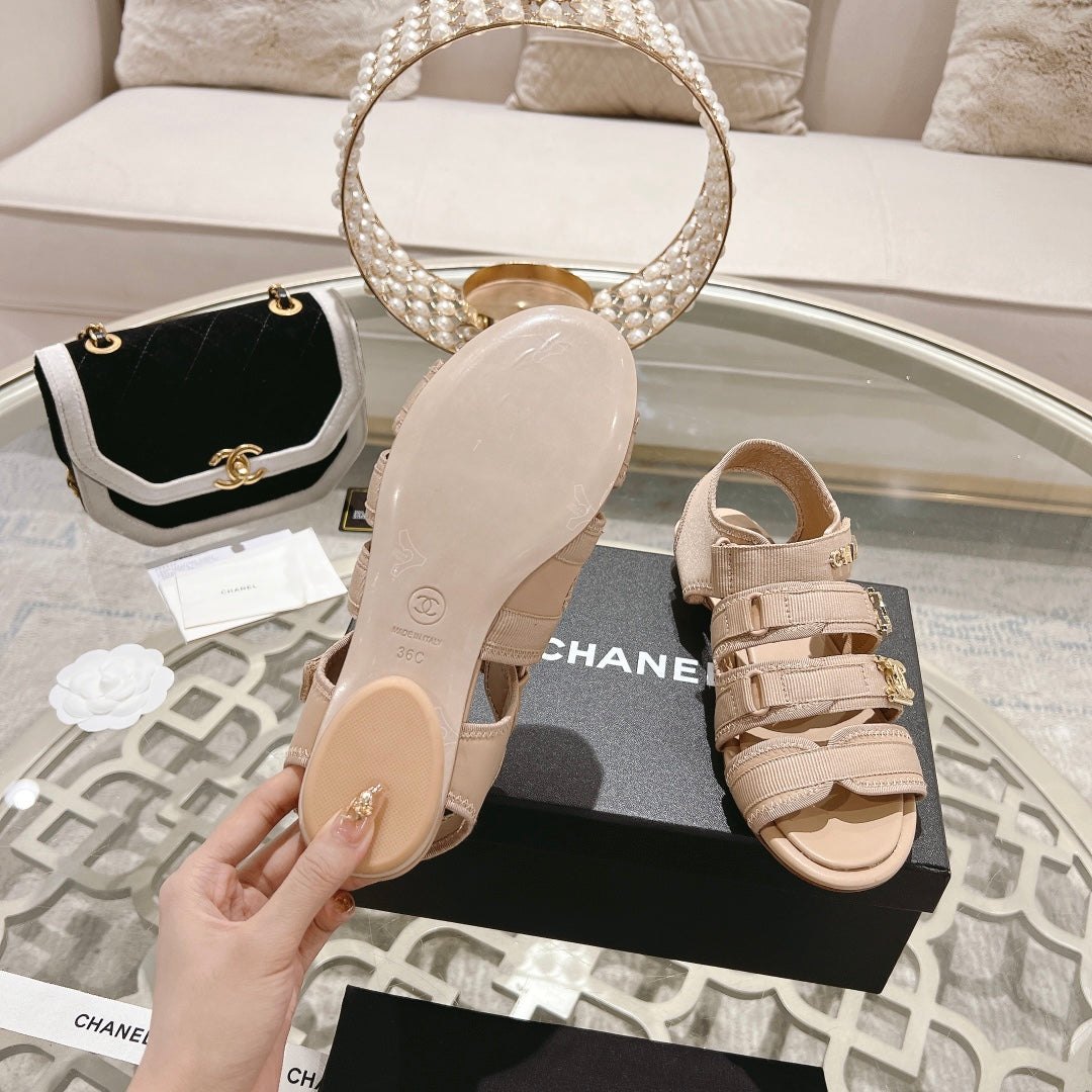 CHANEL Double C  Xiaoxiang Chain Fabric Head Chunky Sandal Cream Lambskin