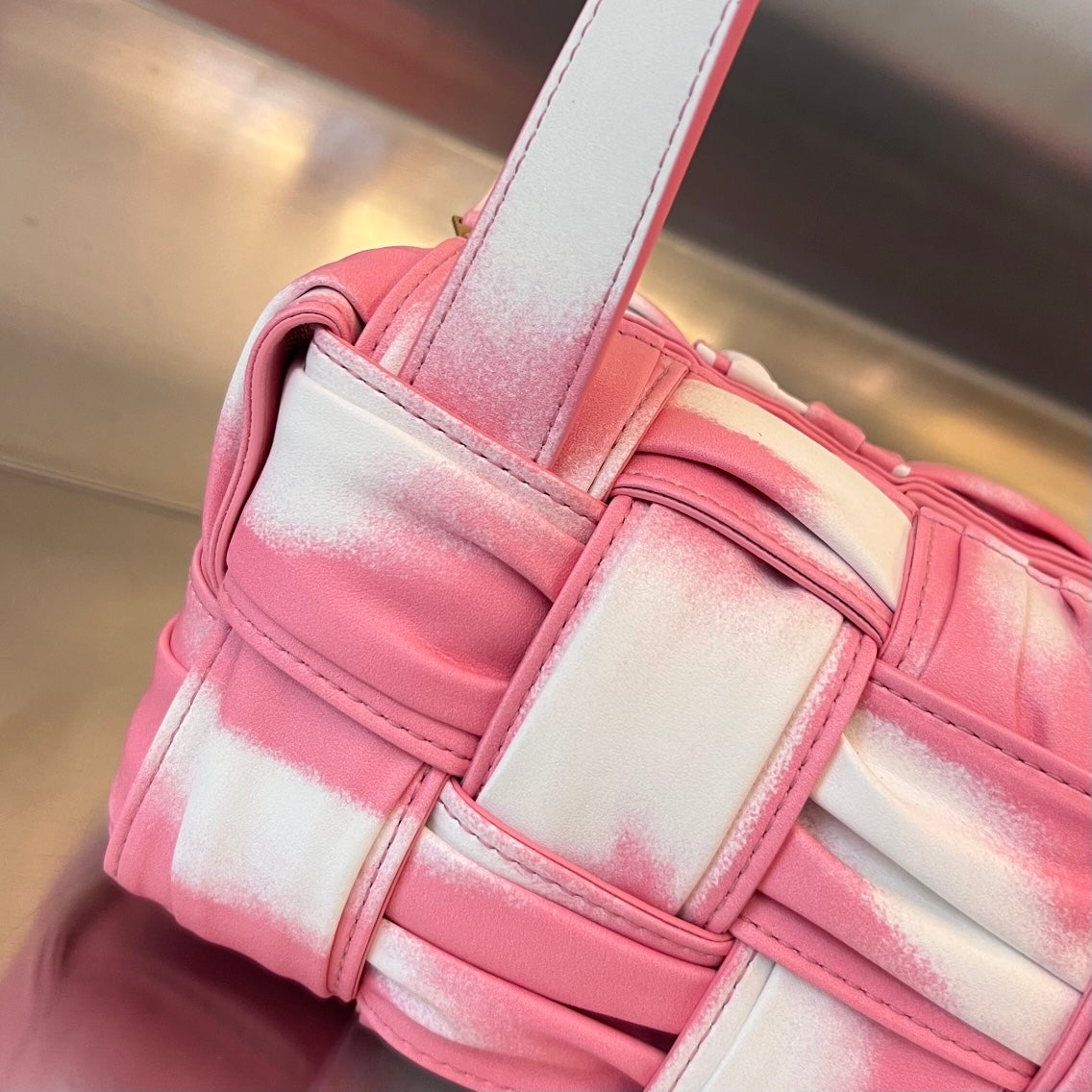 BOTTEGA VENETA SMALL BRICK CASSETTE 23 IN PINK MIX WHITE SOFT LAMBSKIN