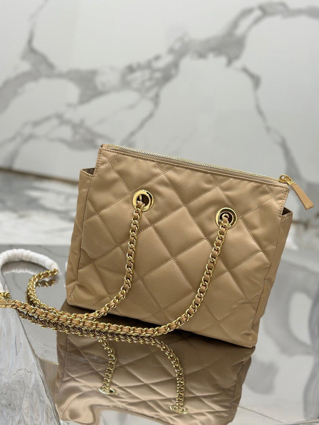 PRADA VINTAGE HOBO BAG 25 IN LIGHT FRENCH BEIGE QUILTED NYLON GOLD HARDWARE