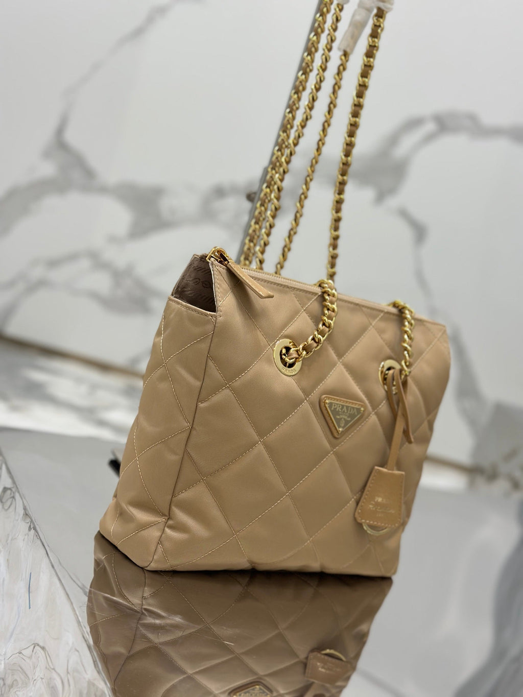 PRADA VINTAGE HOBO BAG 25 IN LIGHT FRENCH BEIGE QUILTED NYLON GOLD HARDWARE