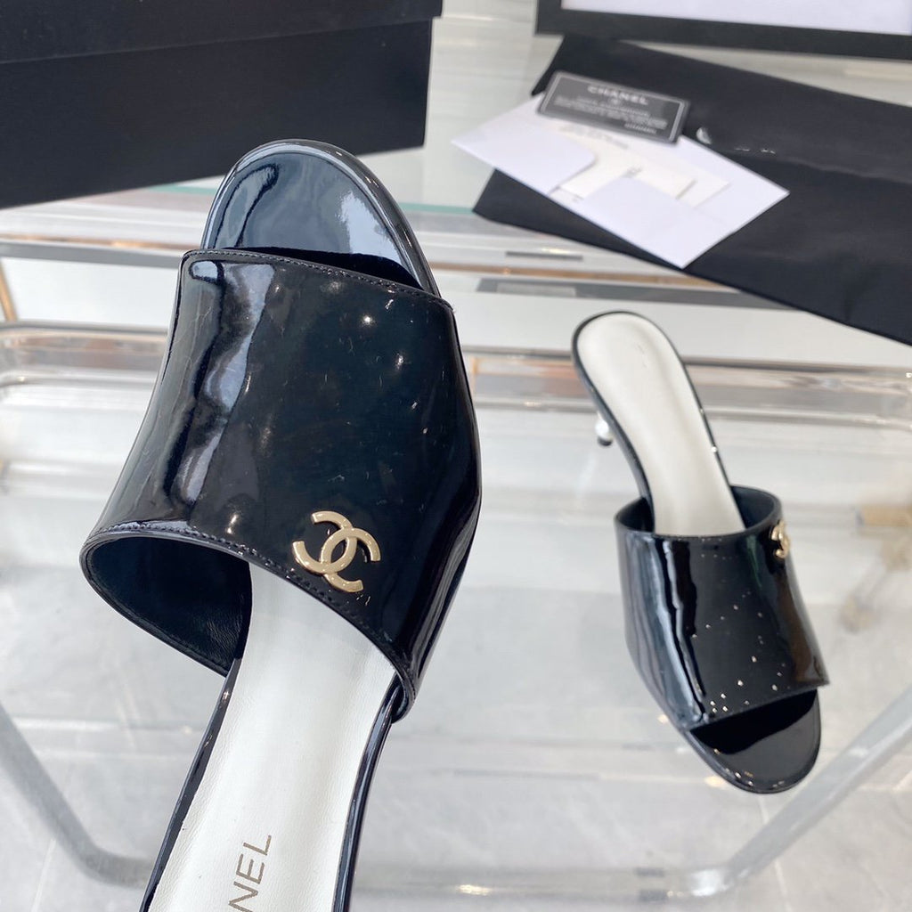 CHANEL high heel 70 mule sandals black white patent calfskin