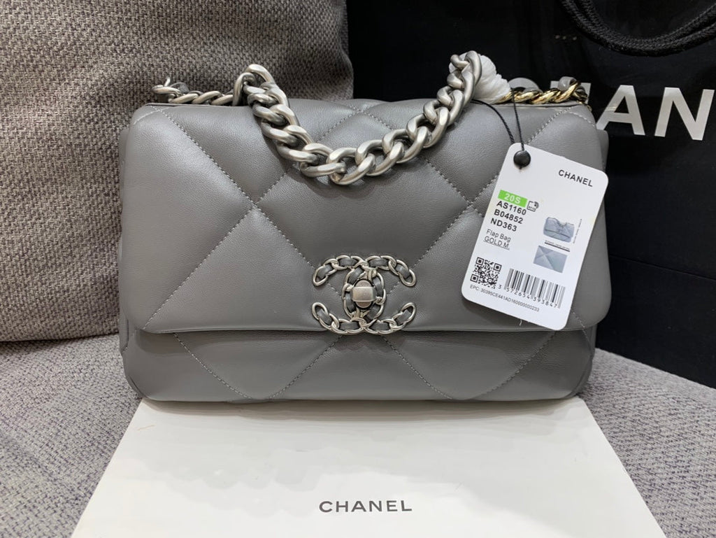 CHANEL 19 FLAP BAG 26 DARK GREY GOATSKIN SILVER HARDWARE