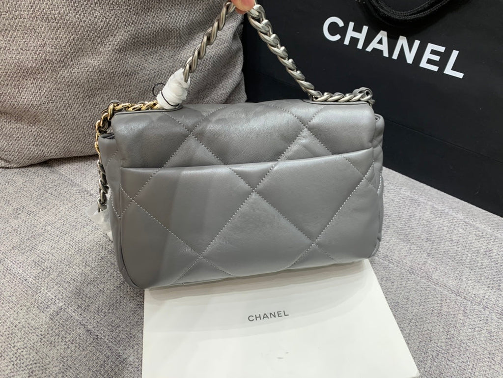CHANEL 19 FLAP BAG 26 DARK GREY GOATSKIN SILVER HARDWARE