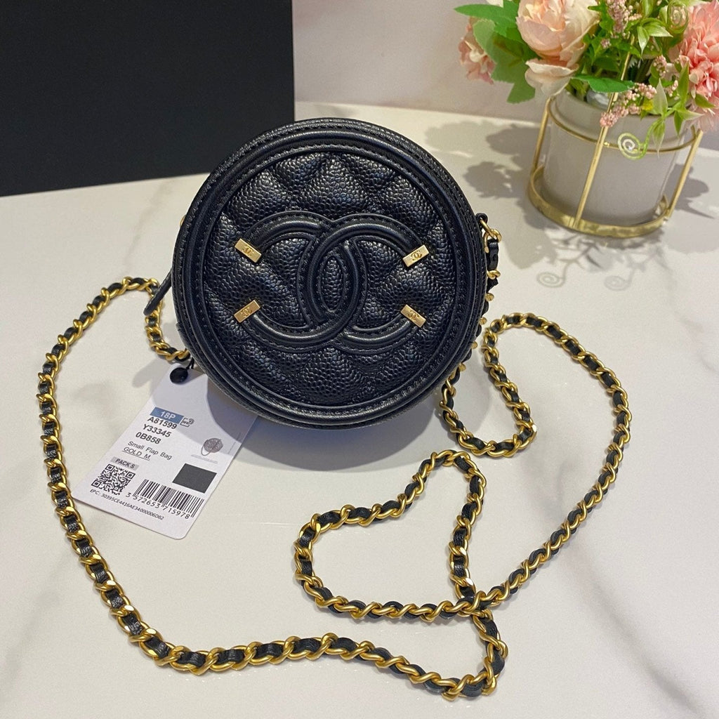 CHANEL MINI 12 ROUND CHAIN BAG IN BLACK CALFSKIN GOLD HARDWARE