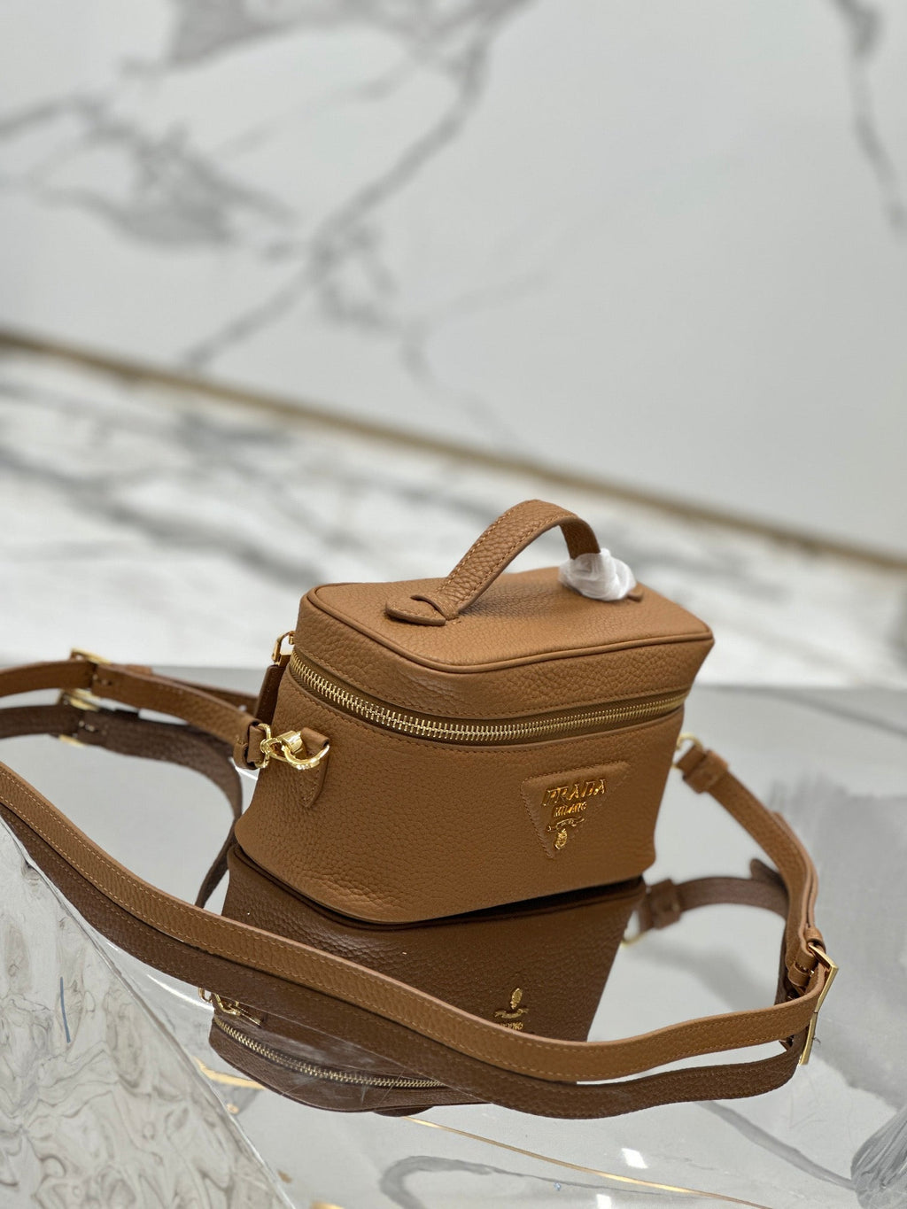 PRADA VANITY CASE 18 IN RUSSET BROWN GRAINED CALFSKIN GOLD HARDWARE