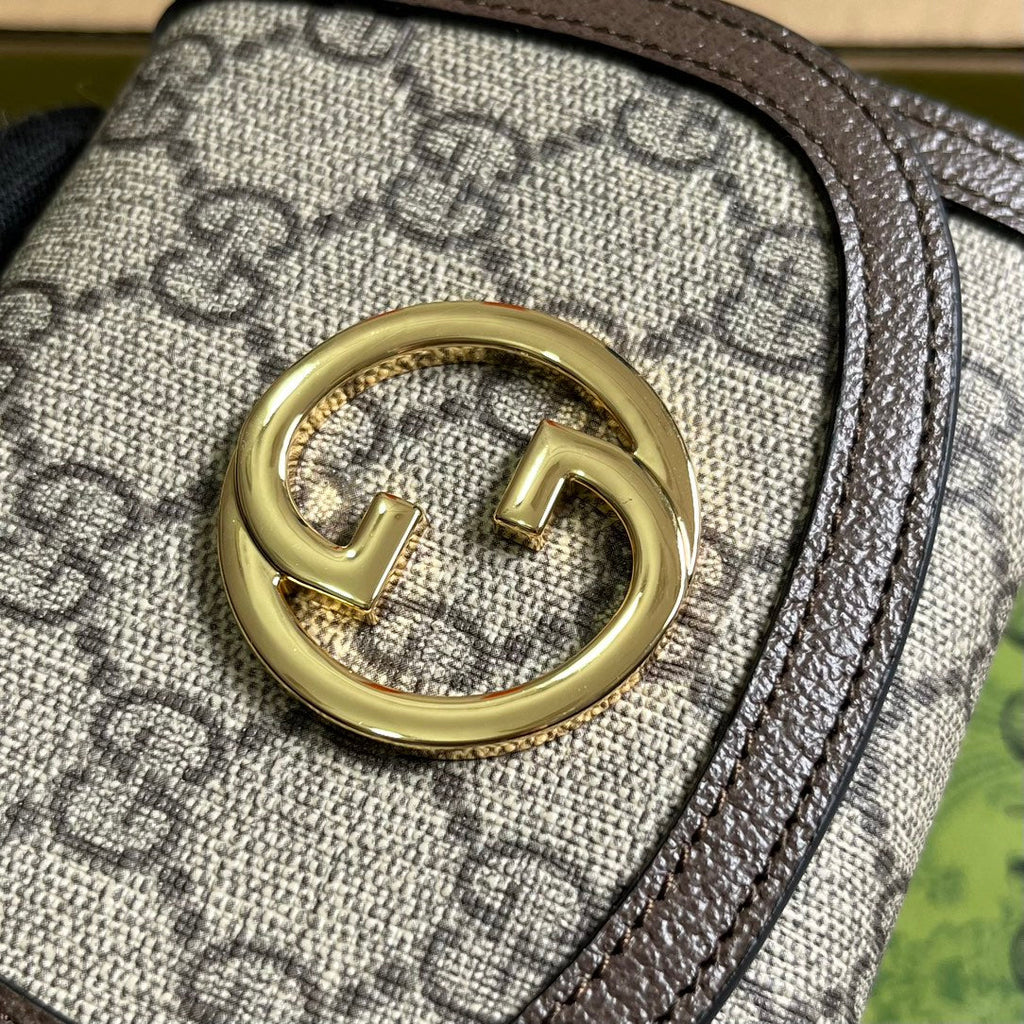 GUCCI BLONDIE INTERLOCK MINI SHOULDER BAG 12 IN BEIGE CANVAS AND DARK BROWN CALFSKIN TRIM