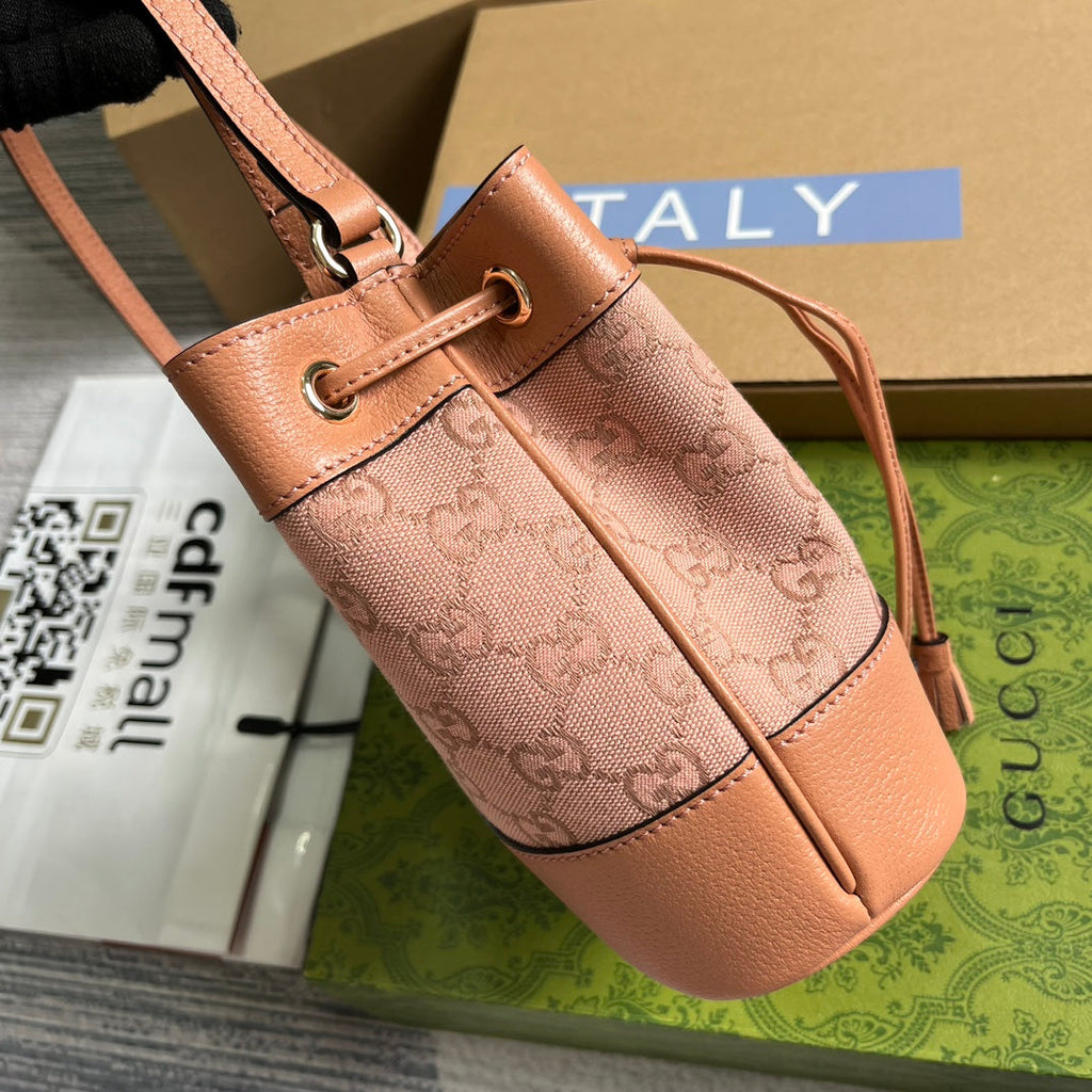 GUCCI OPHIDIA MINI 19 BUCKET LIGHT PINK CANVAS AND CALFSKIN