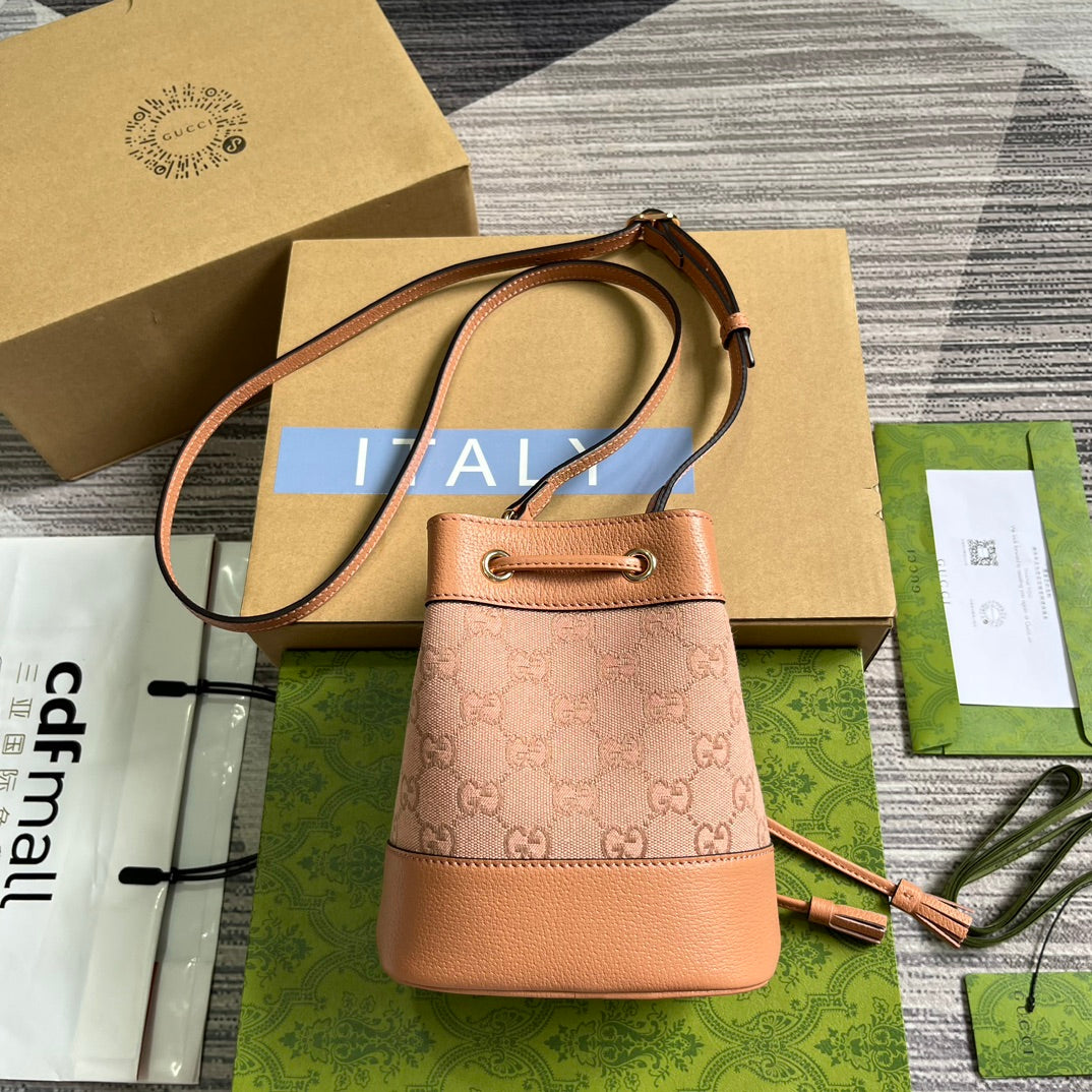 GUCCI OPHIDIA MINI 19 BUCKET LIGHT PINK CANVAS AND CALFSKIN