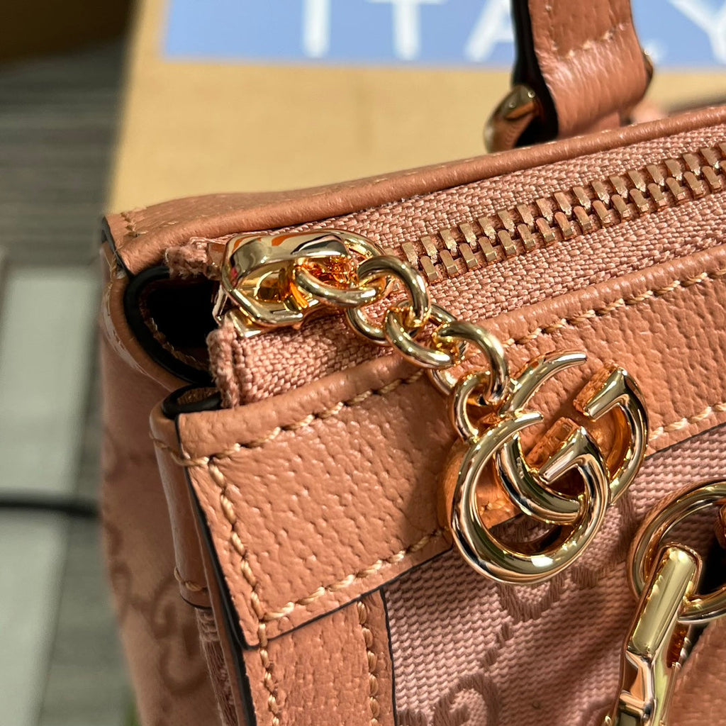 GUCCI OPHIDIA SMALL 24 TOTE BAG IN BLUSH PINK CANVAS AND CALFSKIN