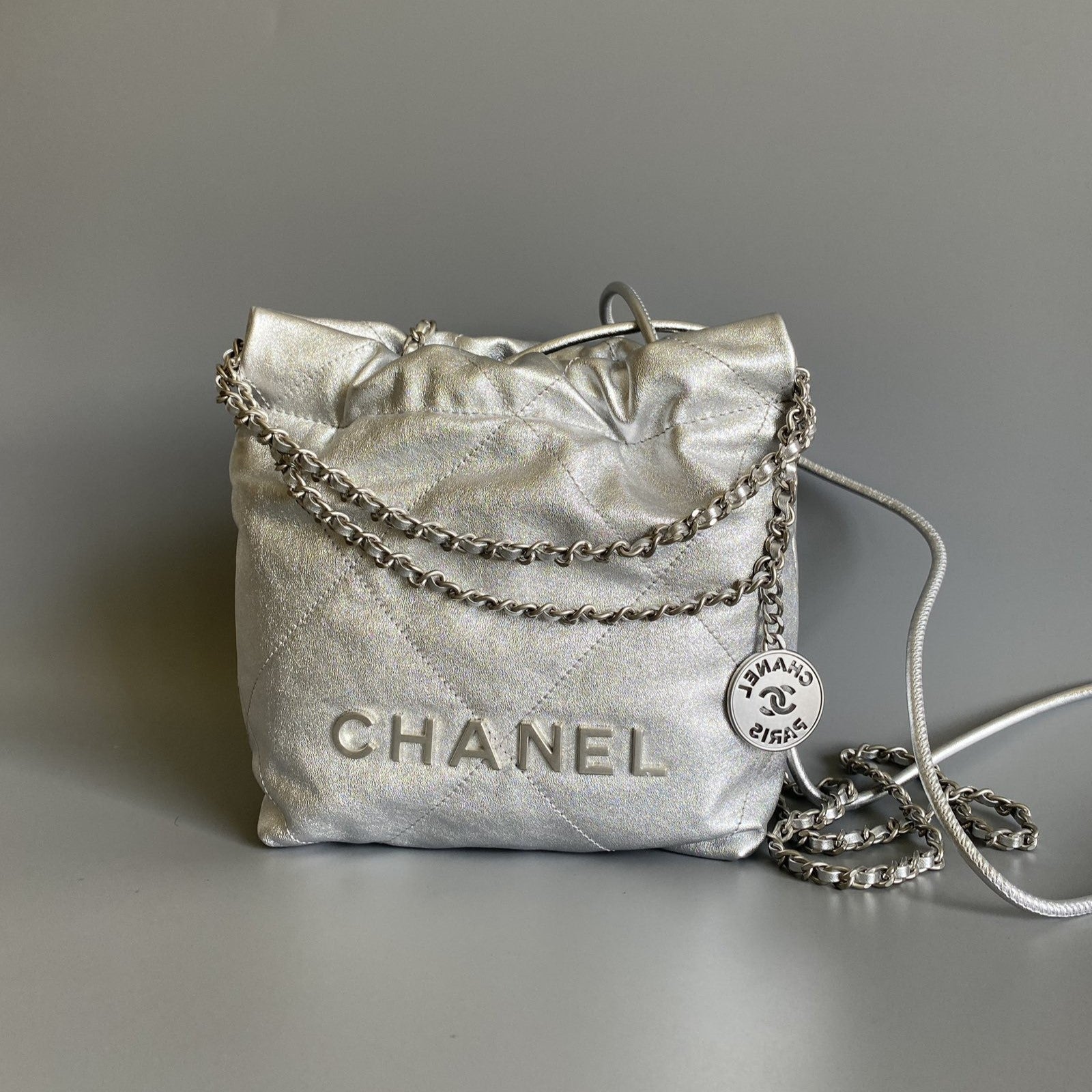 CHANEL HOBO MINI 20CM SILVER LAMBSKIN