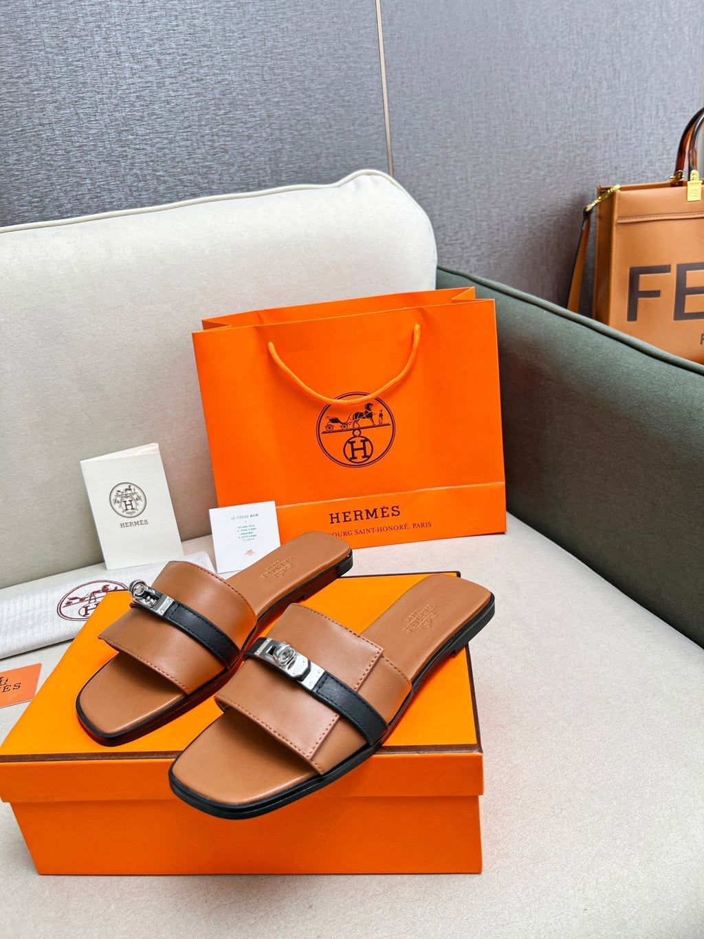 HERMES Giulia Sandal Brown Black Calfskin
