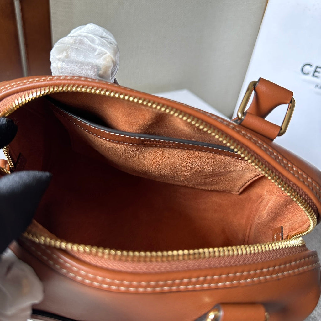 CELINE EMBOSSED  TOP HANDLE BAG 20 IN BROWN CALFSKIN