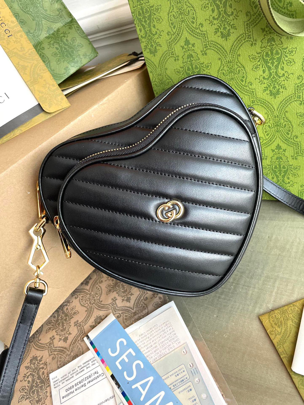 GUCCI MARMONT HEART BAG 20 IN BLACK CALFSKIN GOLD HARDWARE
