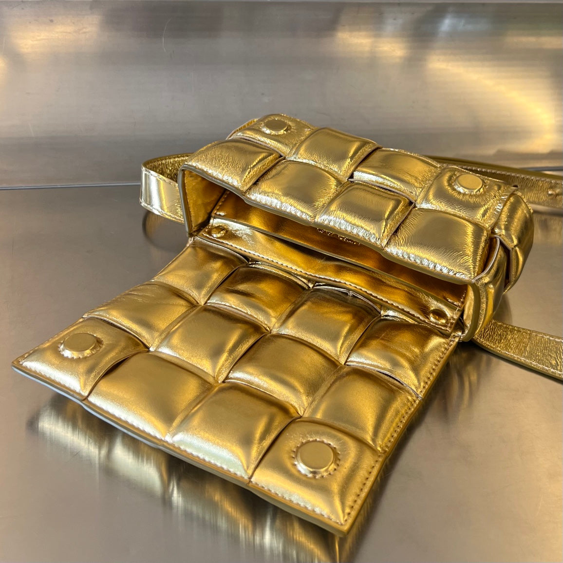 BOTTEGA VENETA MINI CASSETTE 18 IN GOLDEN LAMBSKIN