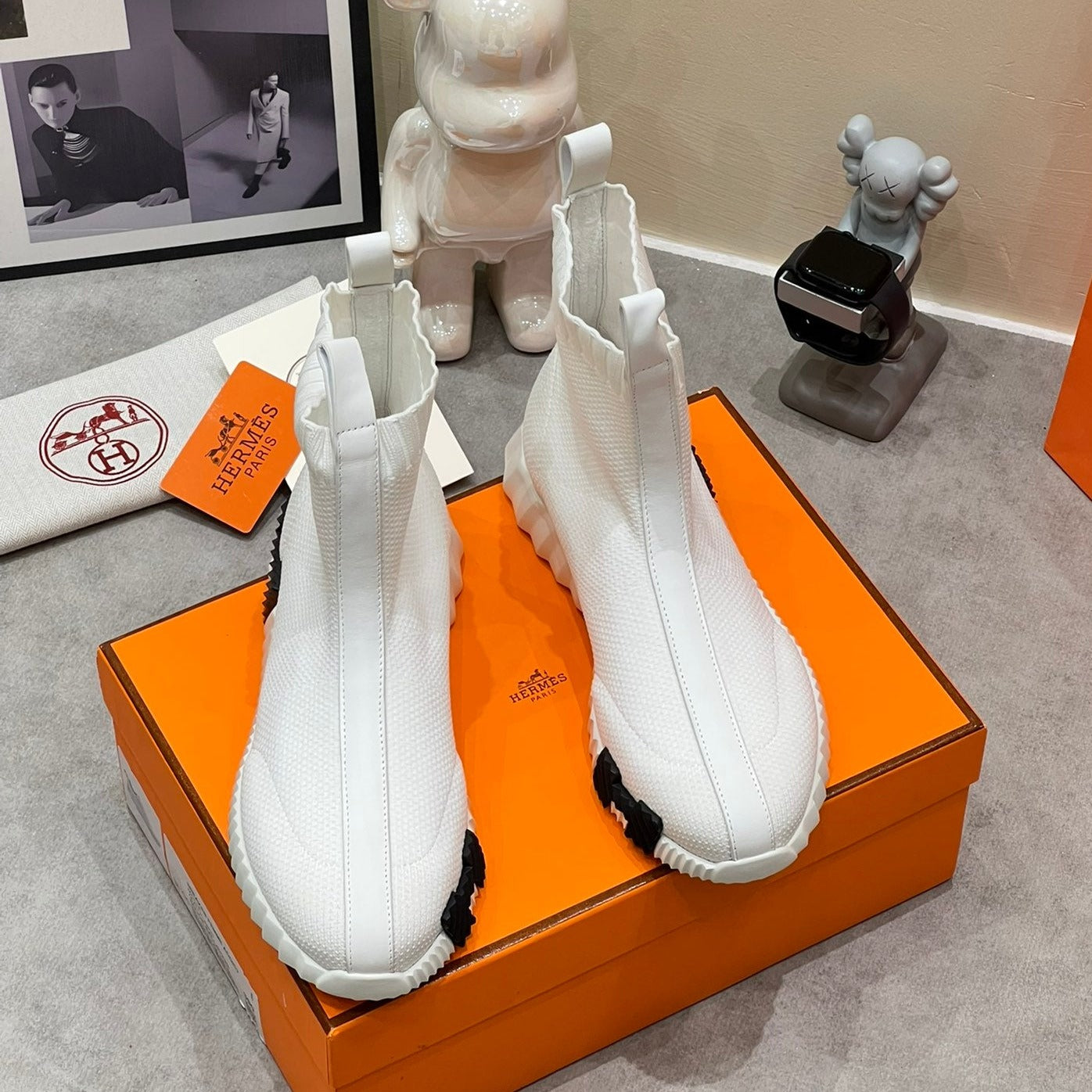 HERMES H FUN CLASSIC SNEAKER STYLISH WHITE FABRIC