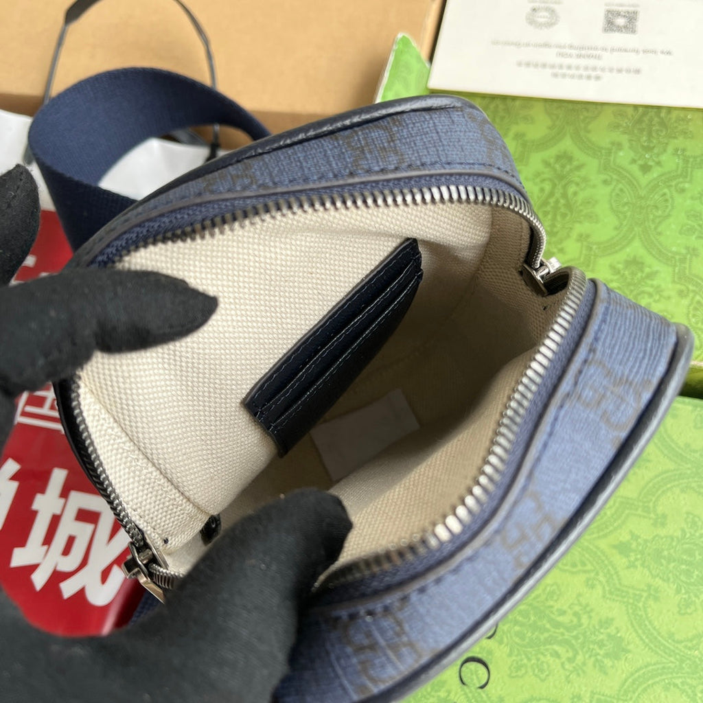 GUCCI OPHIDIA MINI BAG 18 IN DARK BLUE MONOGRAM CANVAS AND BLACK LAMBSKIN TRIM