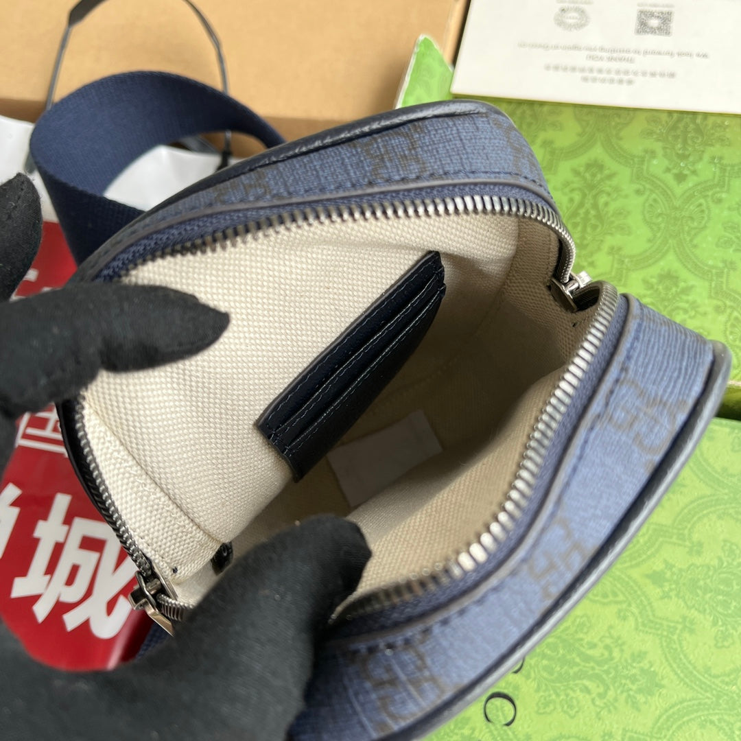 GUCCI OPHIDIA MINI BAG 18 IN DARK BLUE MONOGRAM CANVAS AND BLACK LAMBSKIN TRIM
