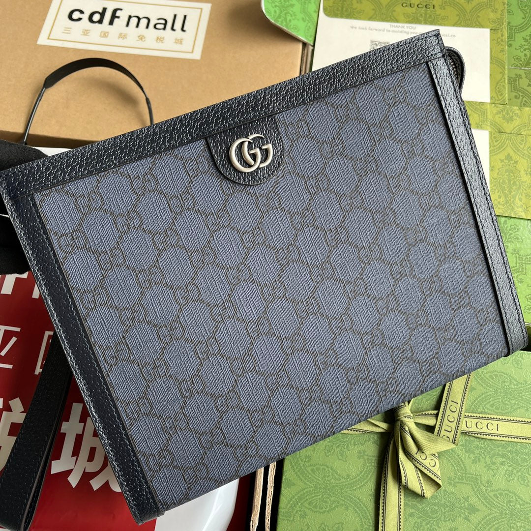 GUCCI OPHIDIA POUCH 26 IN DARK BLUE MONOGRAM CANVAS AND BLACK LAMBSKIN TRIM