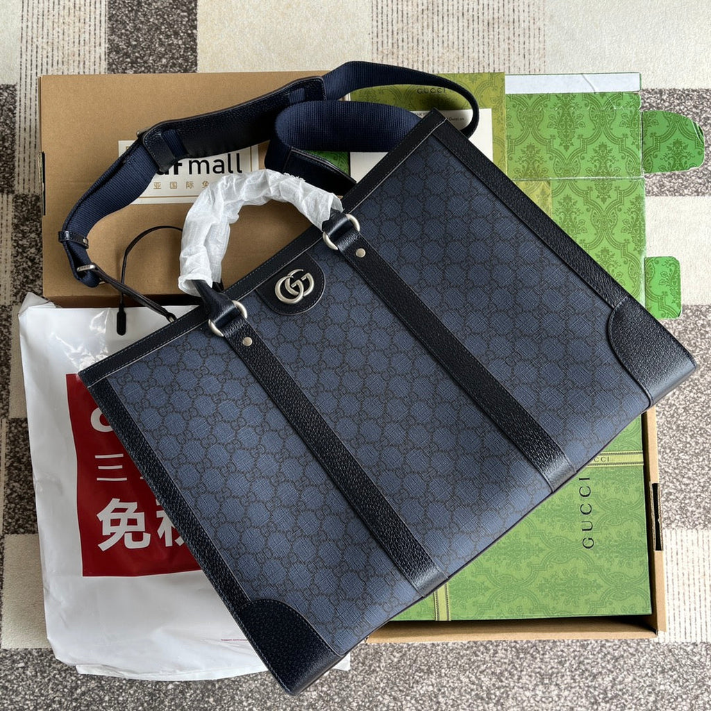 GUCCI OPHIDIA LARGE TOTE BAG 43 IN DARK BLUE AND BLACK  CALFSKIN