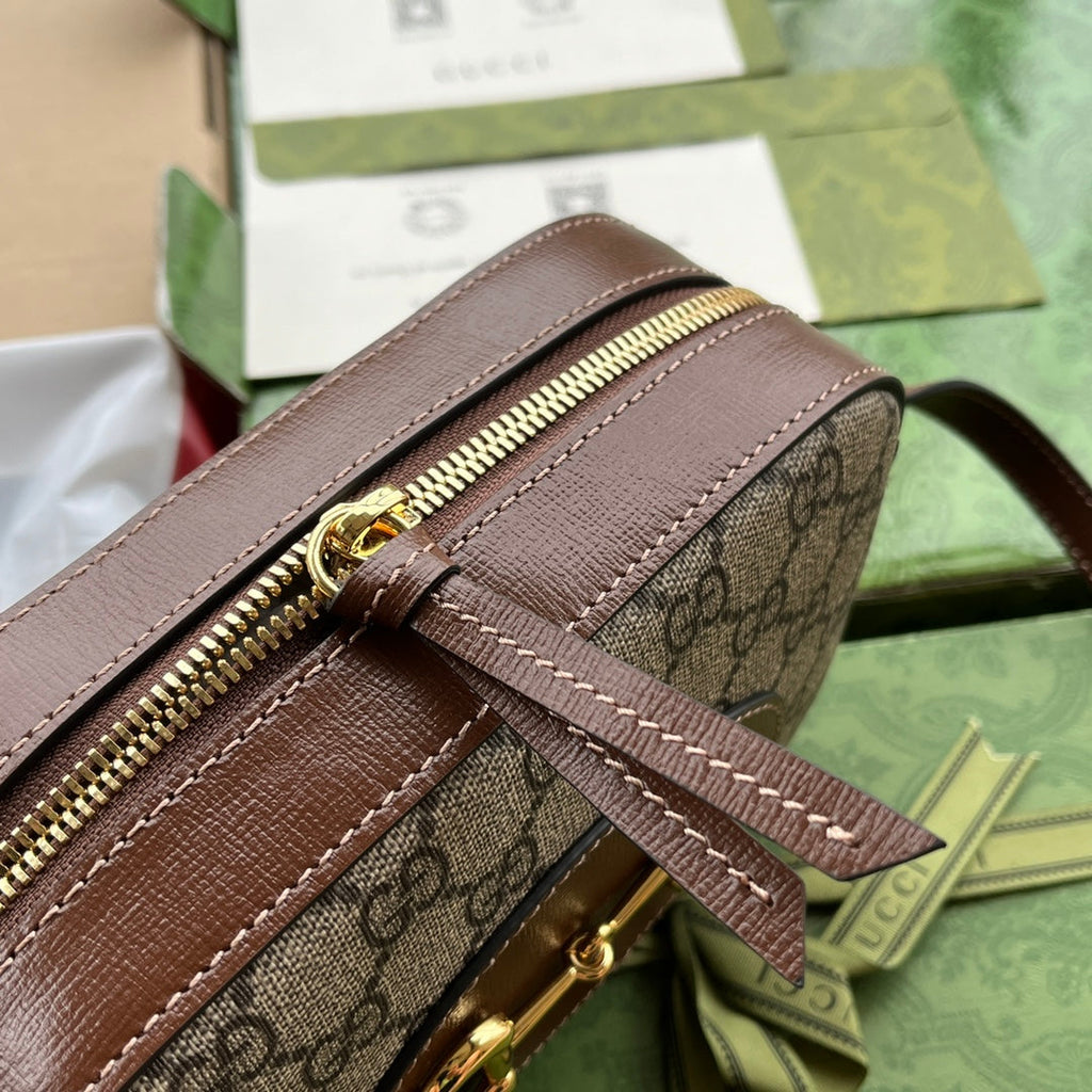 GUCCI HORSEBIT 1955 SMALL CAMERA BAG 20 IN BEIGE AND EBONY  BROWN CALFSKIN
