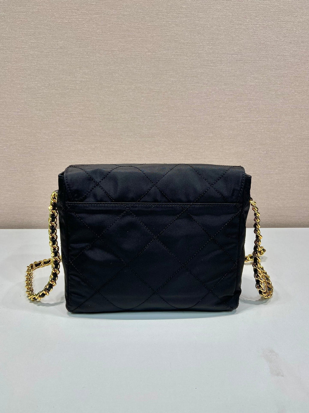 PRADA LARGE QUILTED FLAP BAG 23 IN BLACK RE-NYLON FABRIC GOLD CHAIN