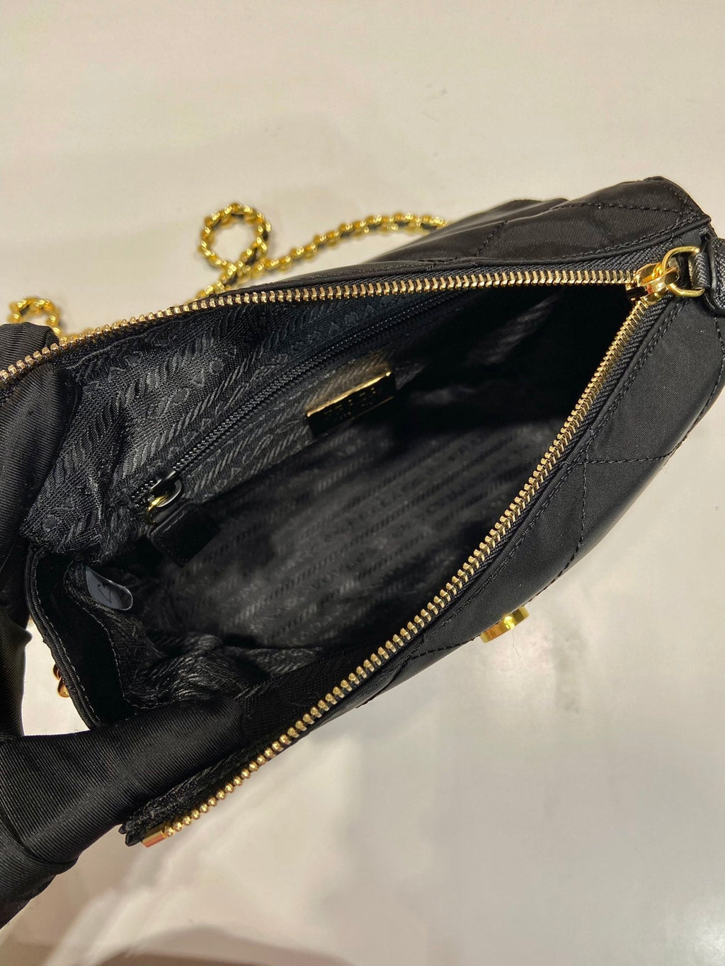 PRADA LARGE QUILTED FLAP BAG 23 IN BLACK RE-NYLON FABRIC GOLD CHAIN