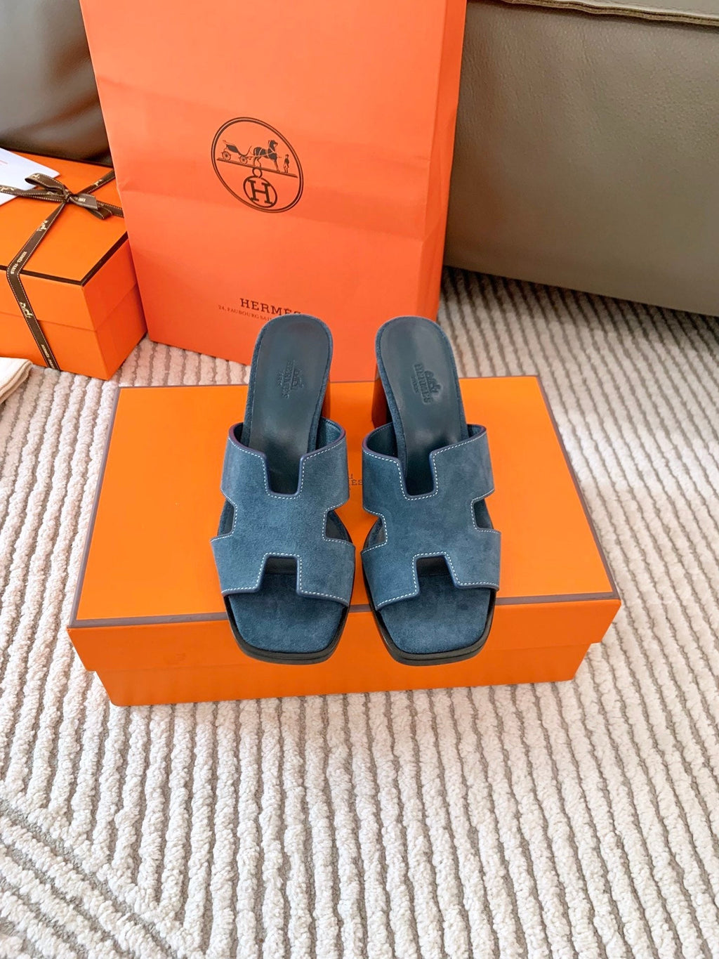 HERMES HELIA 60 SANDAL IN STONE BLUE SUEDE