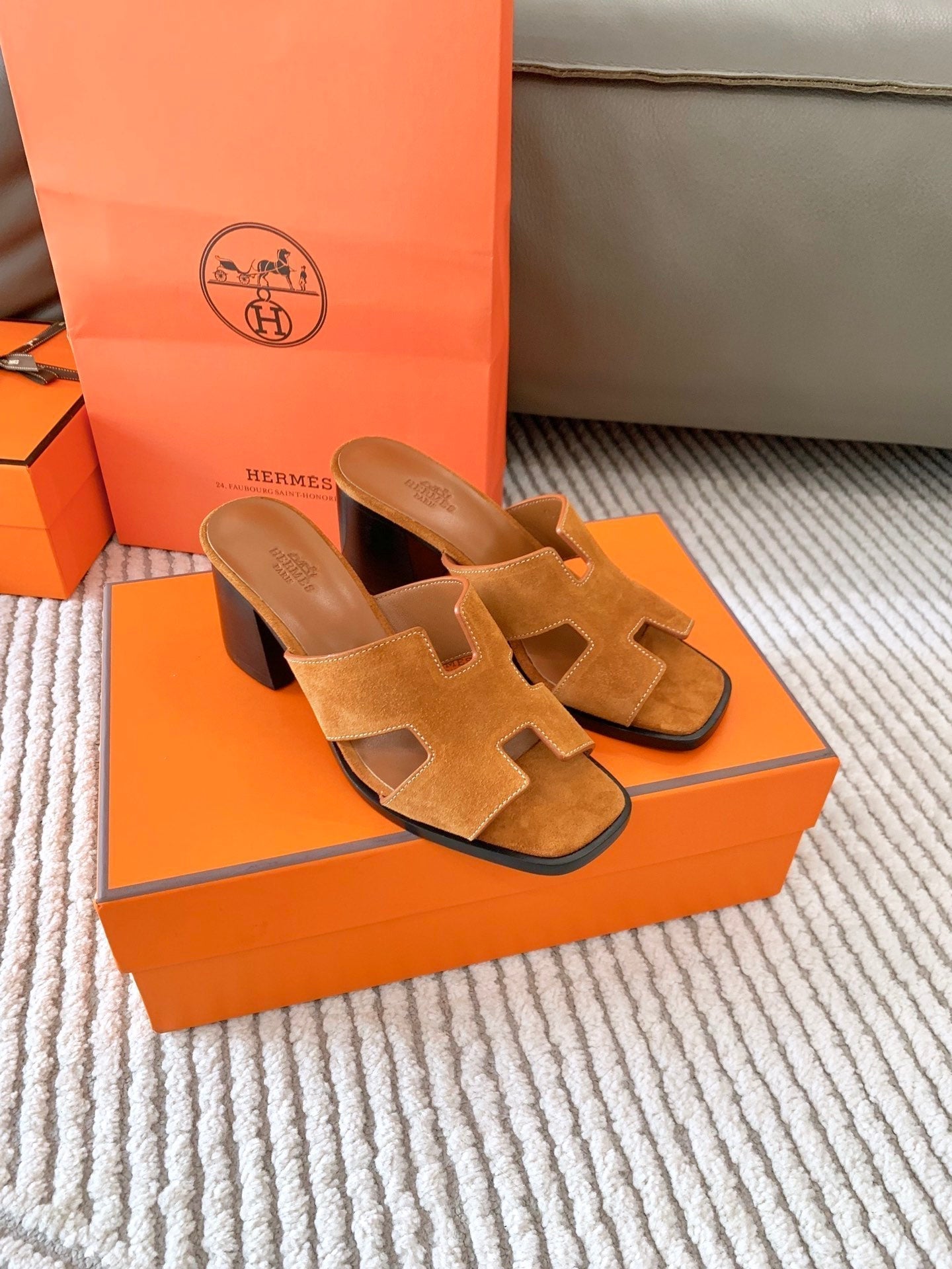 HERMES HELIA 60 SANDAL IN BRONZE BROWN SUEDE