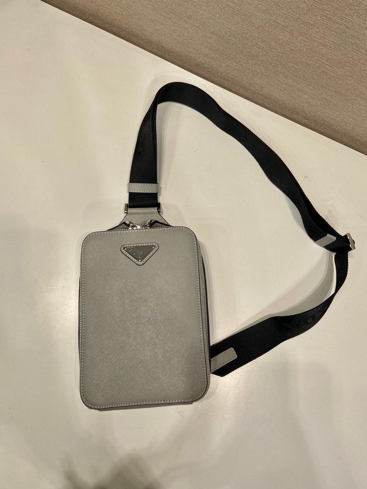 PRADA CHEST BAG 20 IN ECHO GRAY SAFFIANO LEATHER