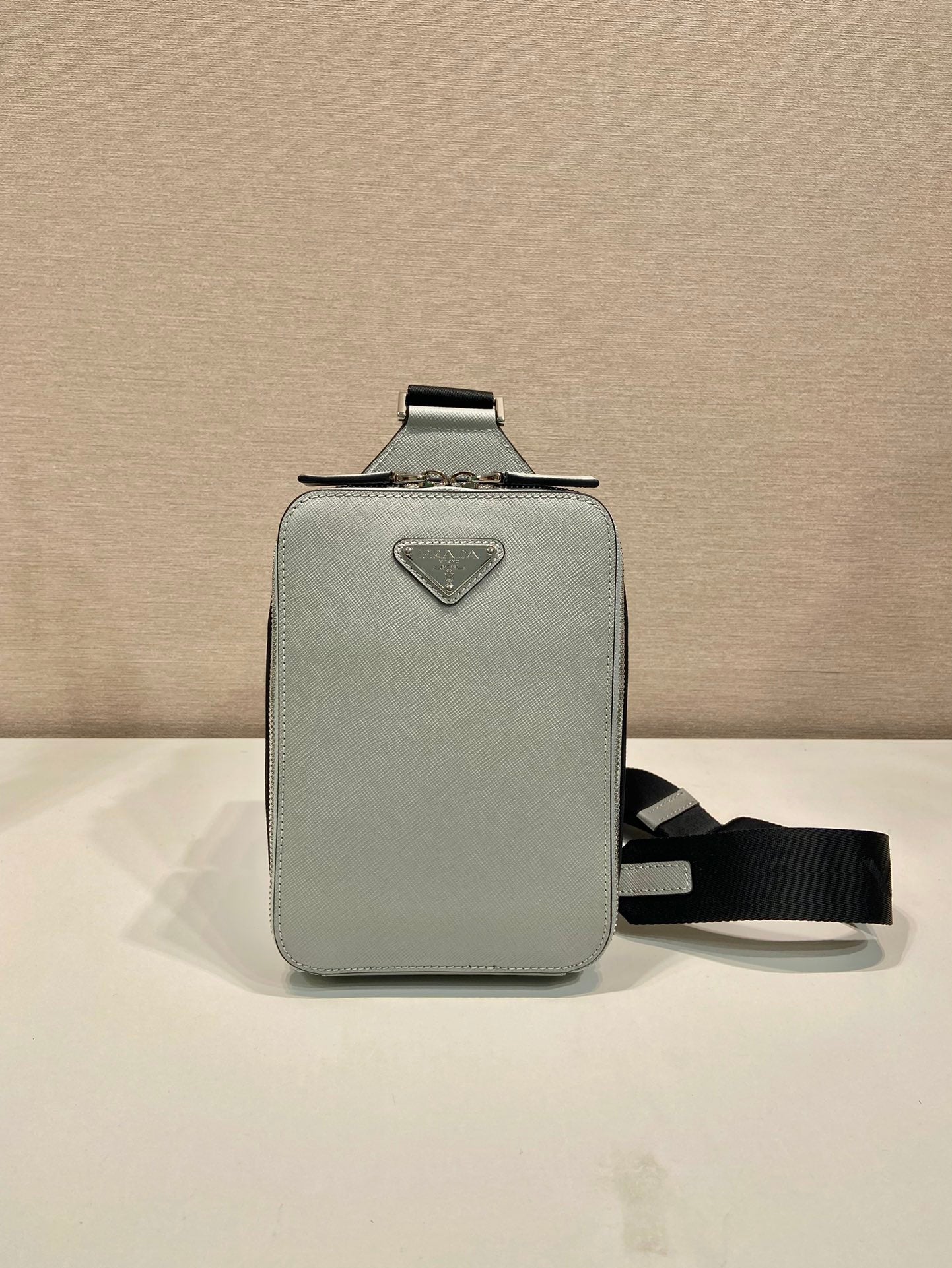 PRADA CHEST BAG 20 IN ECHO GRAY SAFFIANO LEATHER