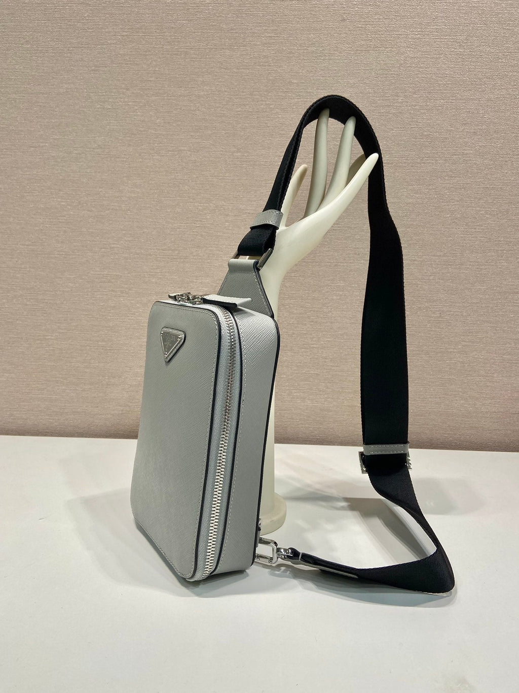 PRADA CHEST BAG 20 IN ECHO GRAY SAFFIANO LEATHER