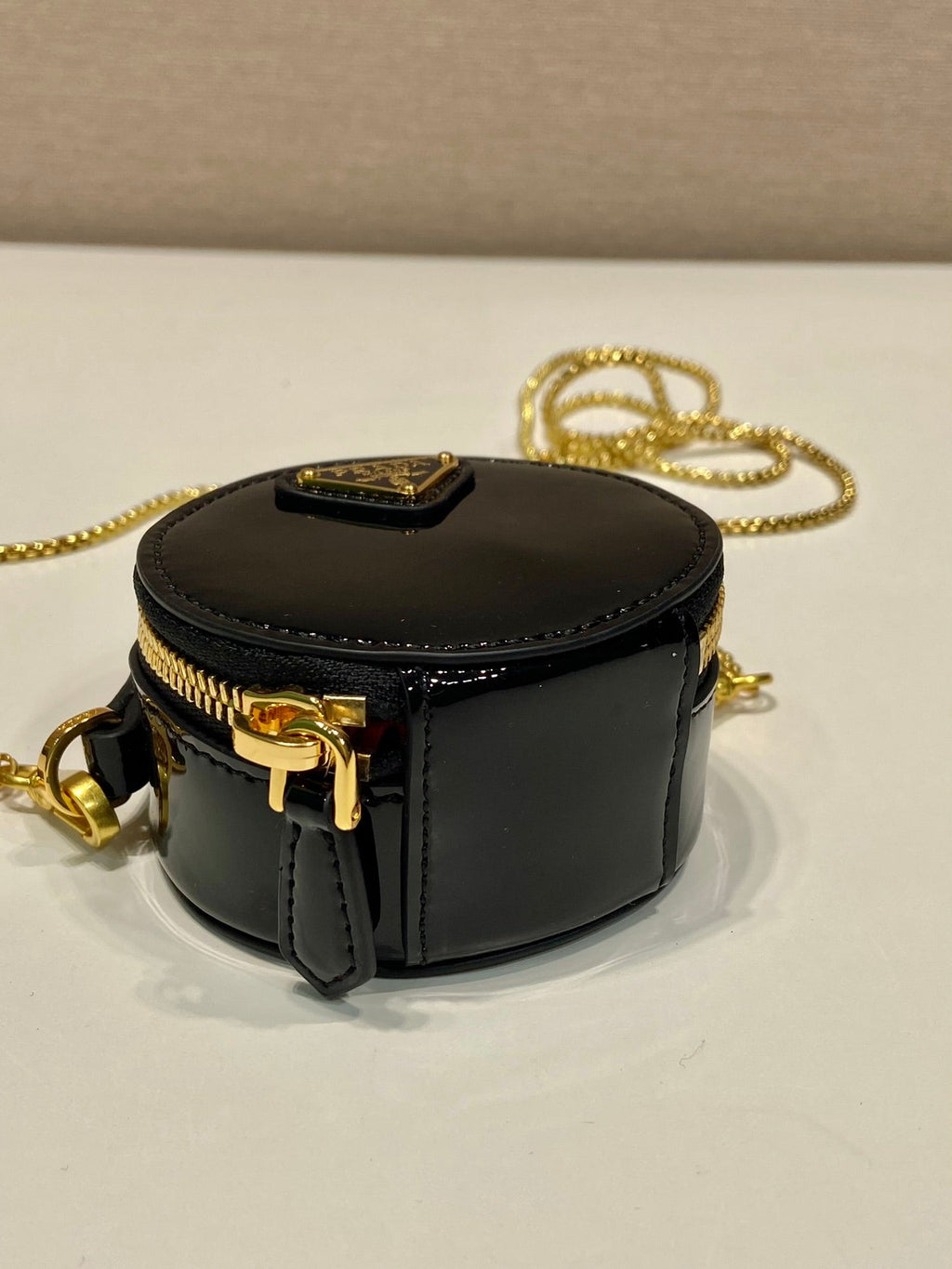 PRADA MINI ROUND BAG 8 IN BLACK GLOSSY CALFSKIN GOLD HARDWARE