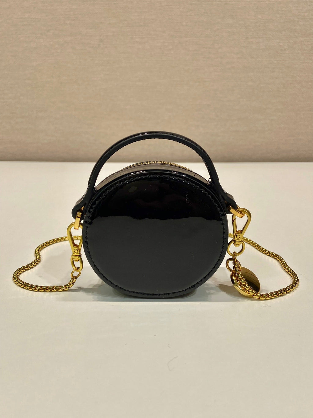 PRADA MINI ROUND BAG 8 IN BLACK GLOSSY CALFSKIN GOLD HARDWARE