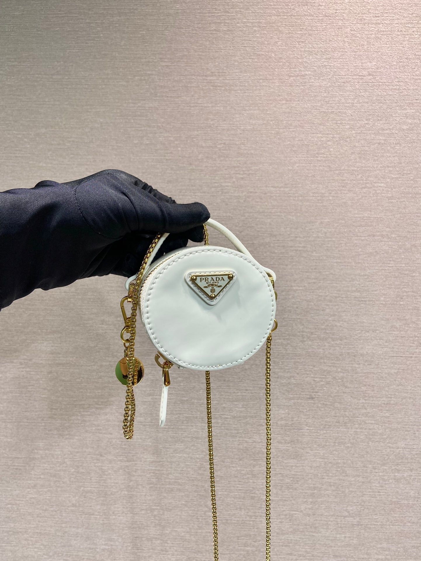 PRADA MINI ROUND BAG 8 IN WHITE GLOSSY CALFSKIN GOLD HARDWARE