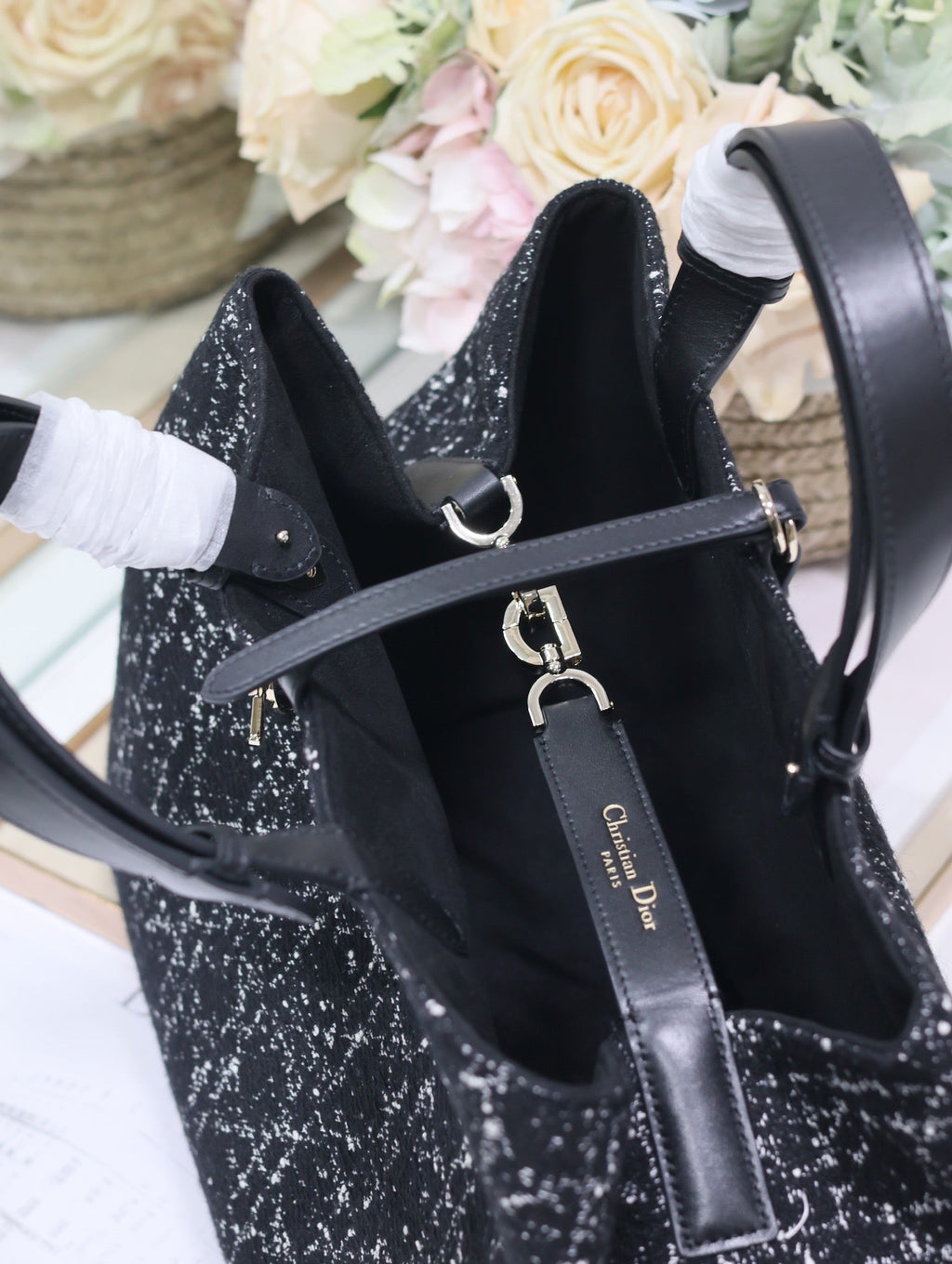 DIOR TOUJOURS BAG 37 IN BLACK MIX WHITE CANNAGE TWEED WITH GOLD HARDWARE
