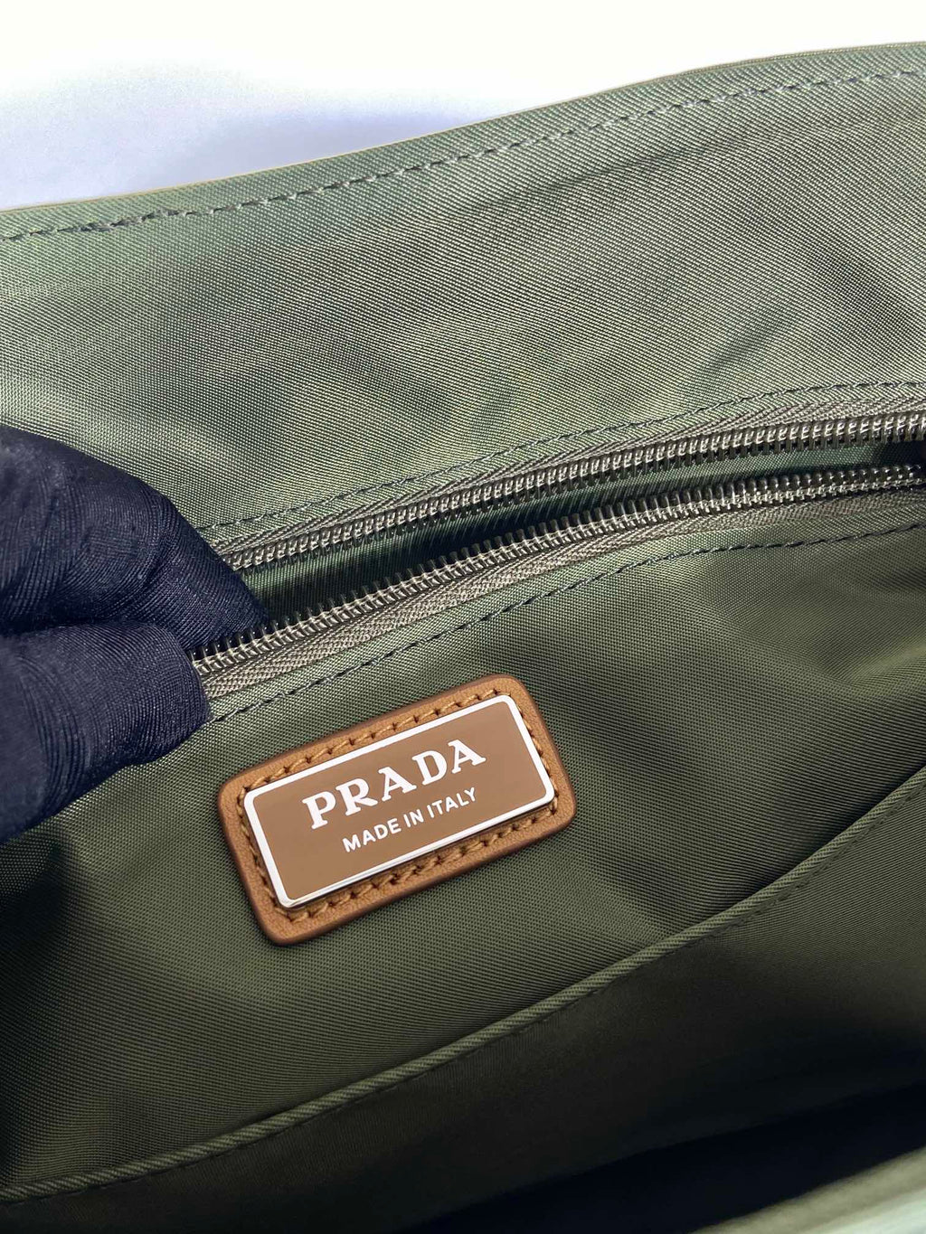 PRADA LARGE FLAP BAG 30 IN SEAWEED GREEN RE-NYLON AND BROWN CALFSKIN TRIM