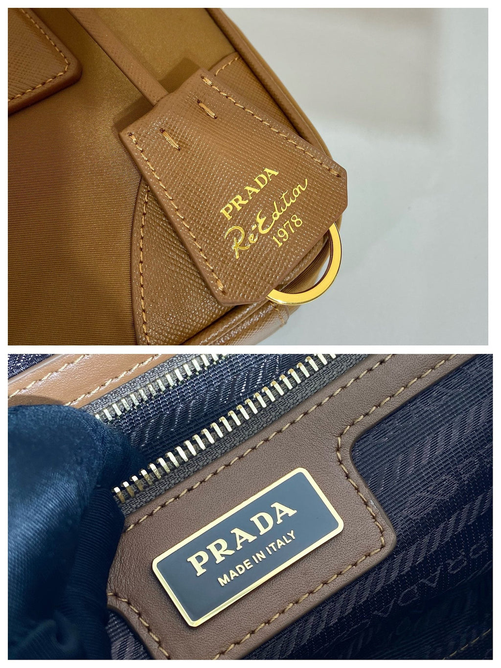 PRADA SMALL TOP HANDLE BAG 25 IN GOLDEN BROWN NYLON AND CALFSKIN TRIM