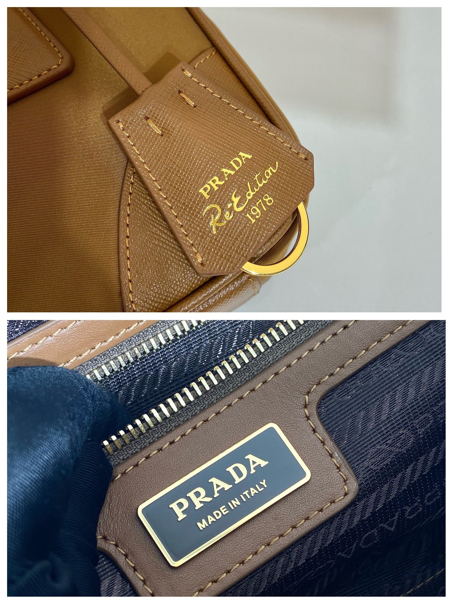 PRADA SMALL TOP HANDLE BAG 25 IN GOLDEN BROWN NYLON AND CALFSKIN TRIM