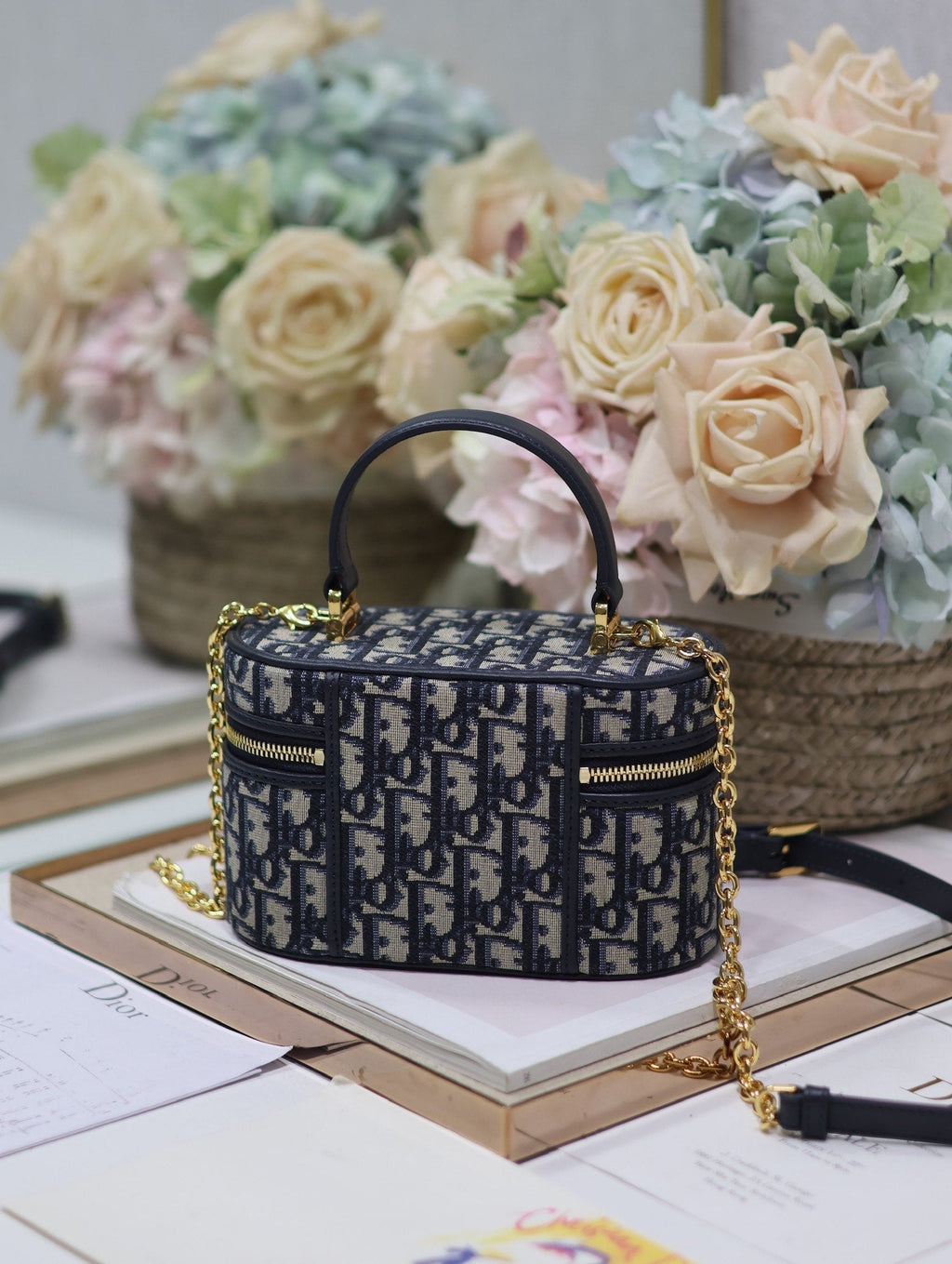 DIOR CARO 16 MINI VANITY CASE IN BLUE MONOGRAM OBLIQUE JACQUARD FABRIC