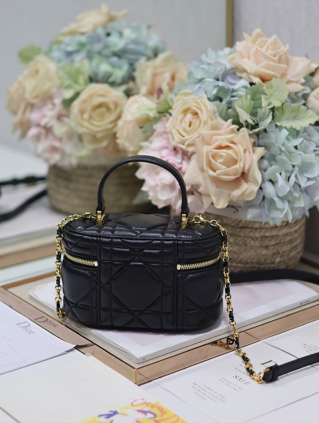 DIOR CARO 16 MINI VANITY CASE IN BLACK MACROCANNAGE LAMBSKIN