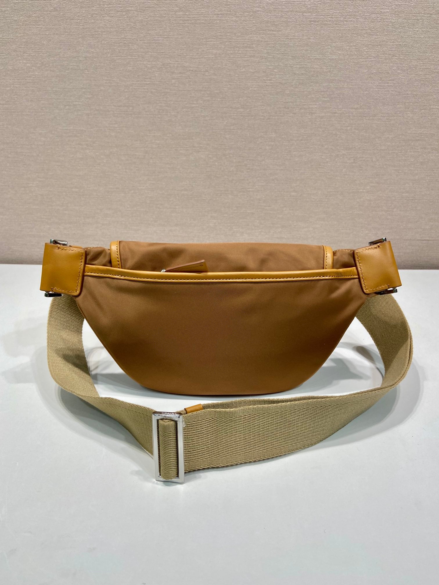 PRADA BELT BAG 18 IN SEPIA BROWN RE-NYLON AND CALFSKIN TRIM