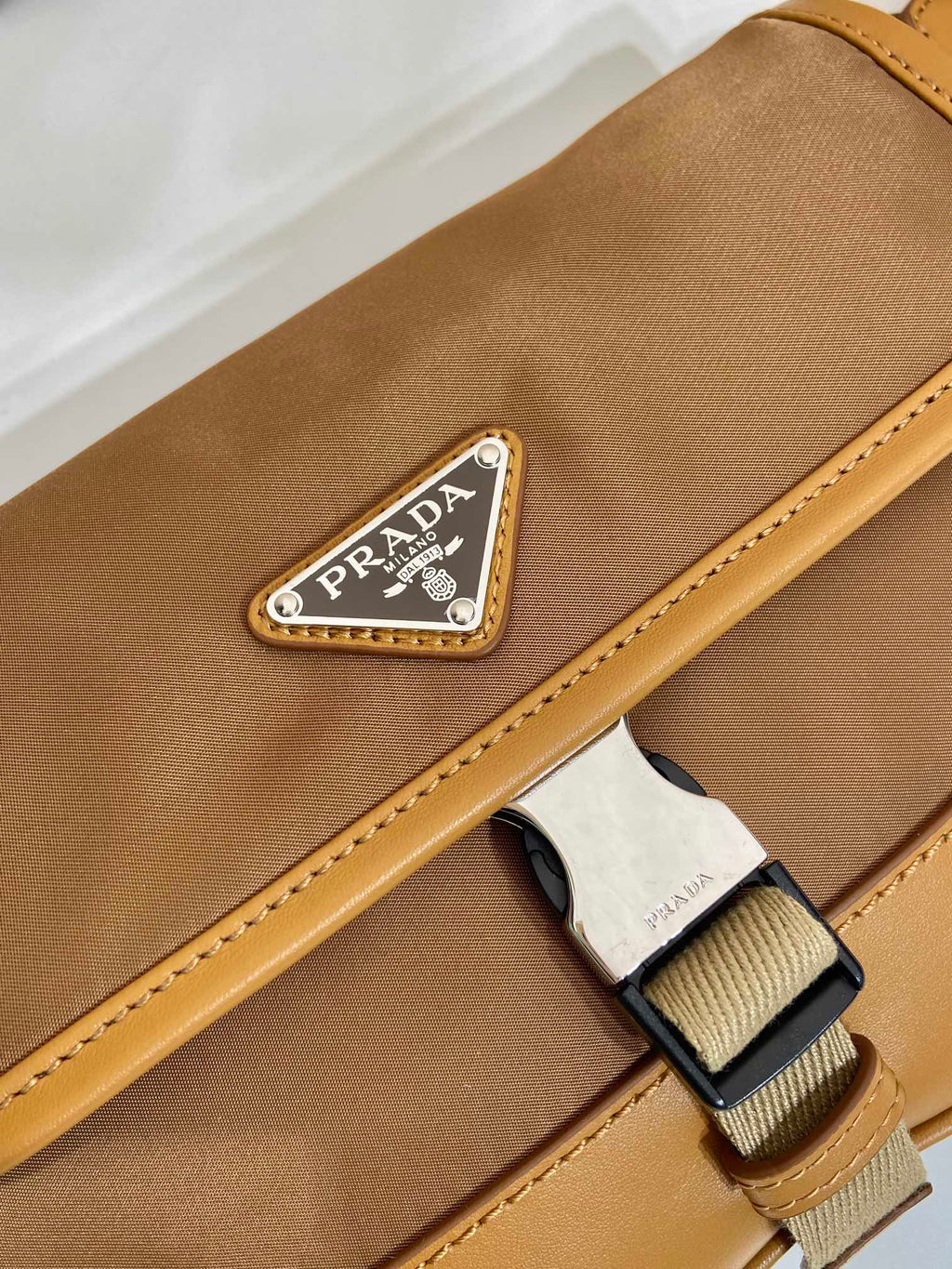 PRADA BELT BAG 18 IN SEPIA BROWN RE-NYLON AND CALFSKIN TRIM