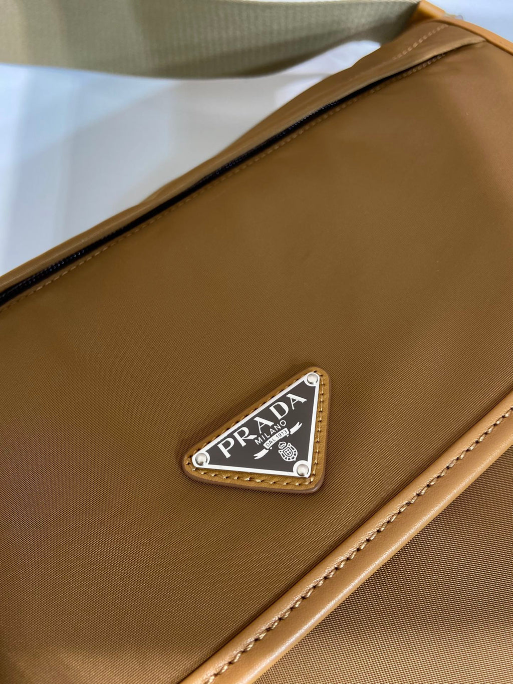 PRADA LARGE FLAP BAG 30 IN CIDER BROWN RE-NYLON AND CALFSKIN TRIM