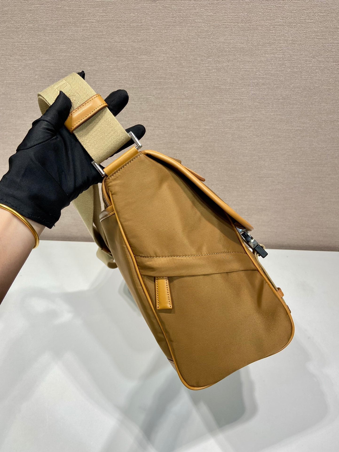 PRADA LARGE FLAP BAG 30 IN CIDER BROWN RE-NYLON AND CALFSKIN TRIM