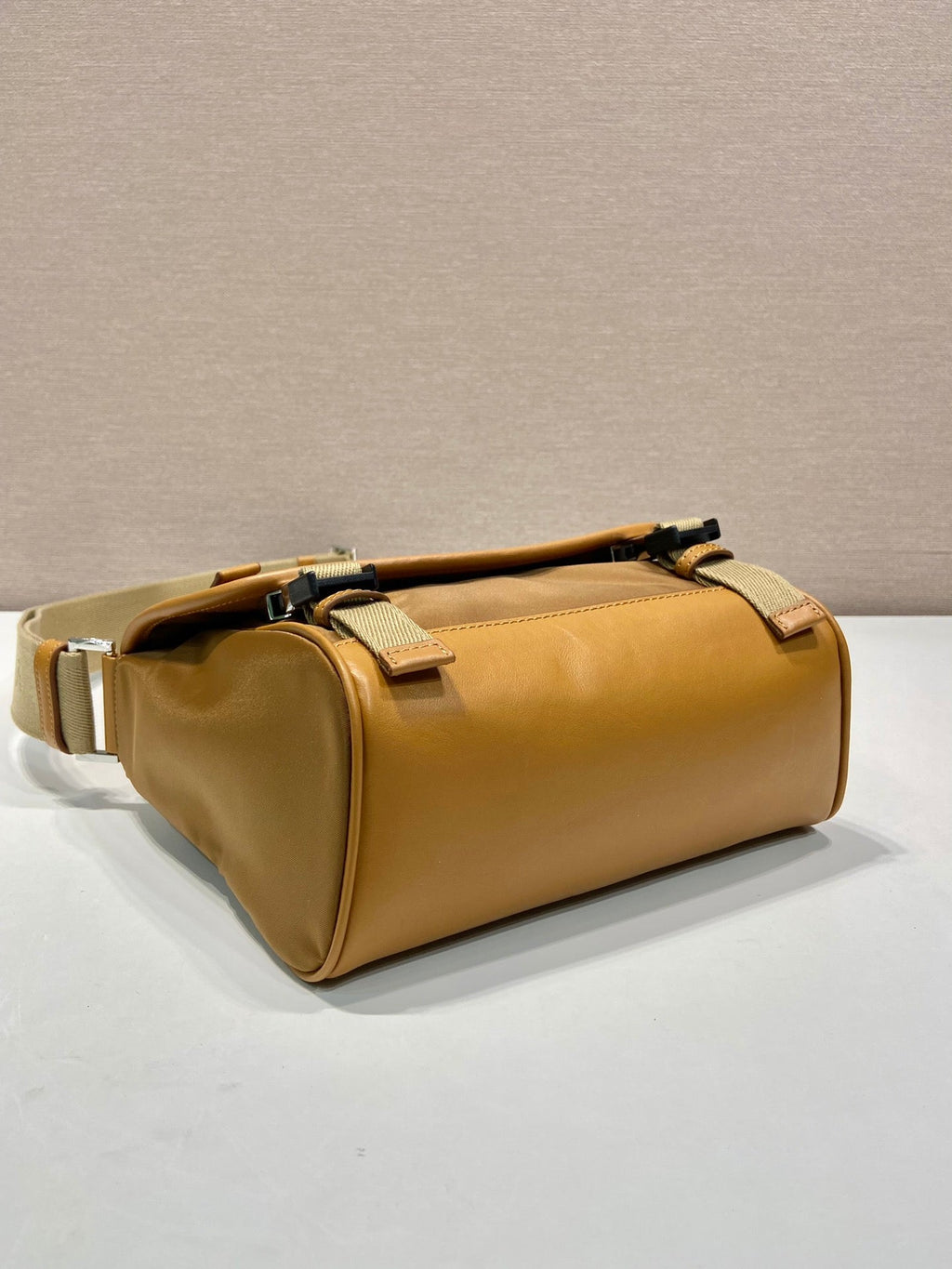 PRADA SMALL FLAP BAG 20 IN CIDER BROWN RE-NYLON AND CALFSKIN TRIM