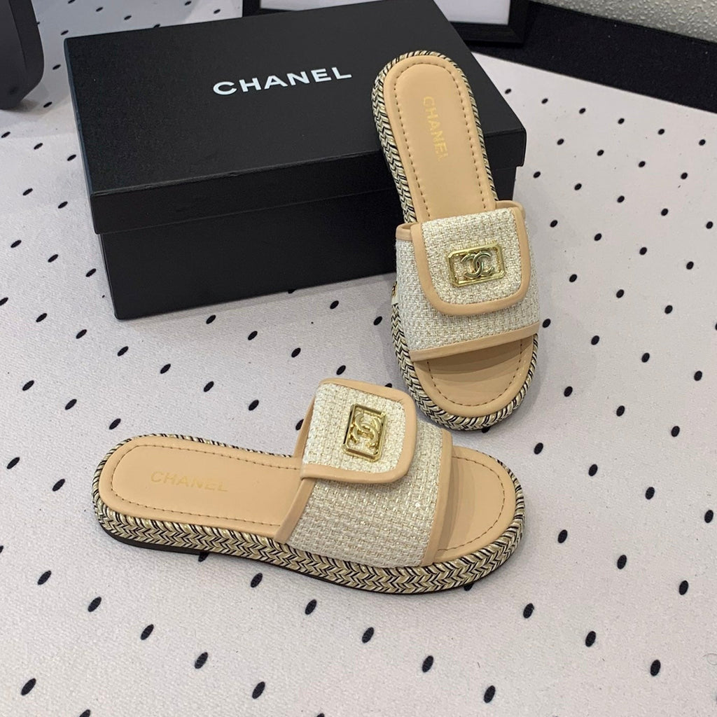 CHANEL Double  Women New Trendy Calfskin Slippers Beige Cream