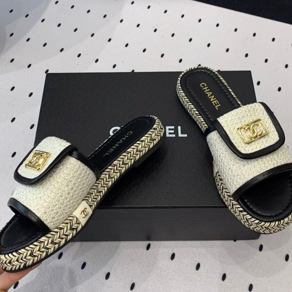 CHANEL Double  Women New Trendy Calfskin Slippers White Black