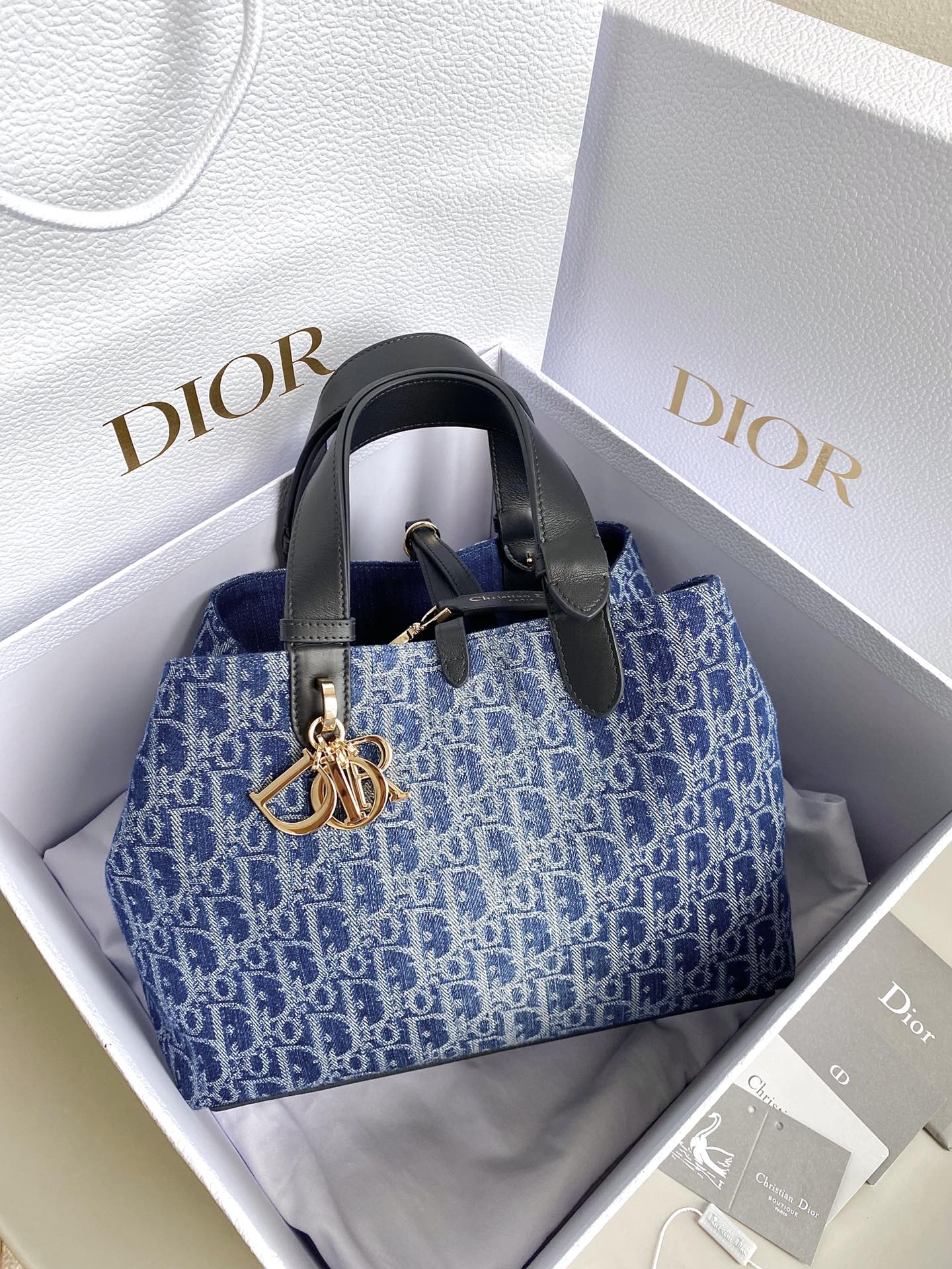 DIOR MEDIUM TOUJOURS 28 BLUE DENIM OBLIQUE JACQUARD